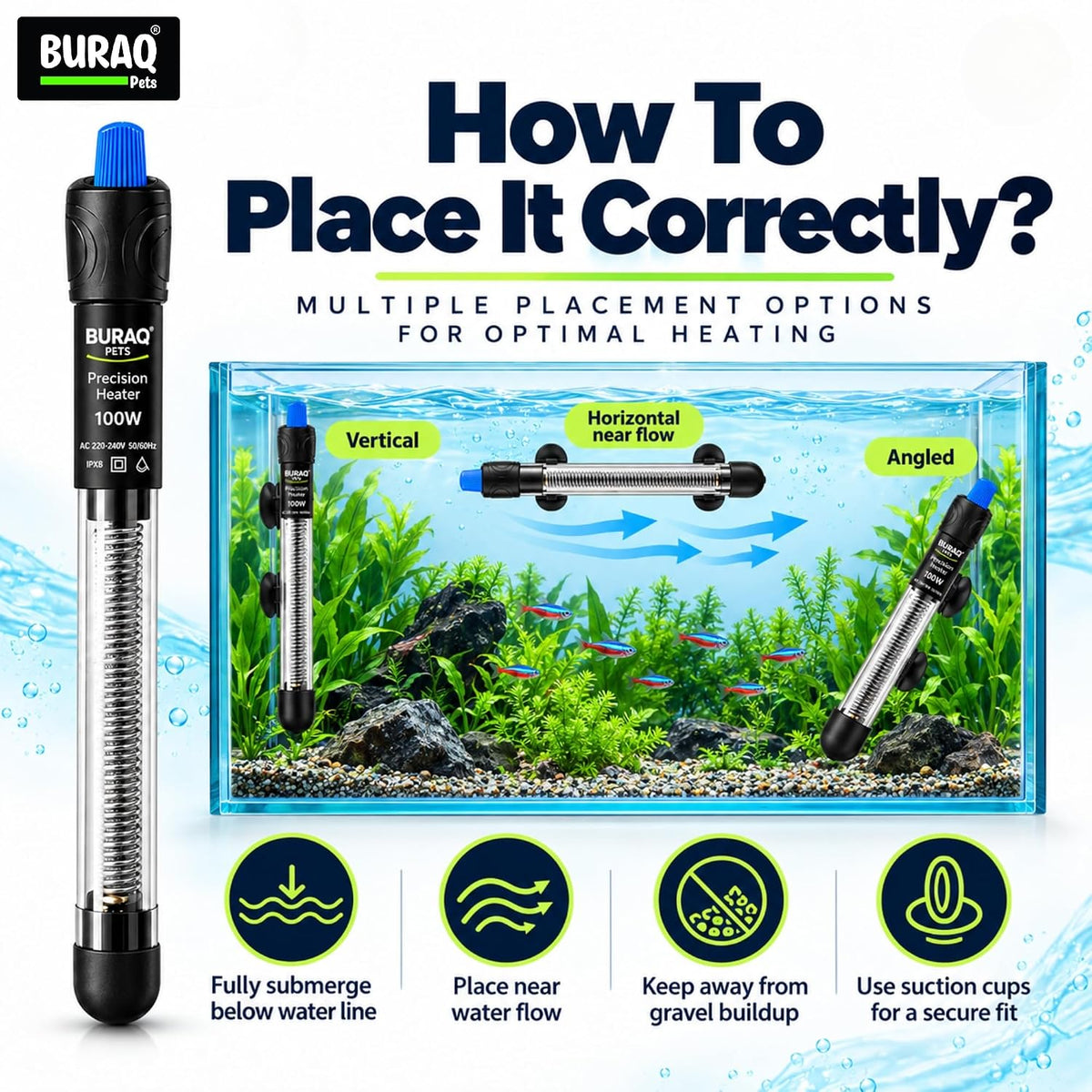 100W Automatic Glass Aquarium Heater for Fish Tank, Adjustable Temperature 18°C–32°C, Submersible Water Heater (Suitable Upto 2 FT Tank)
