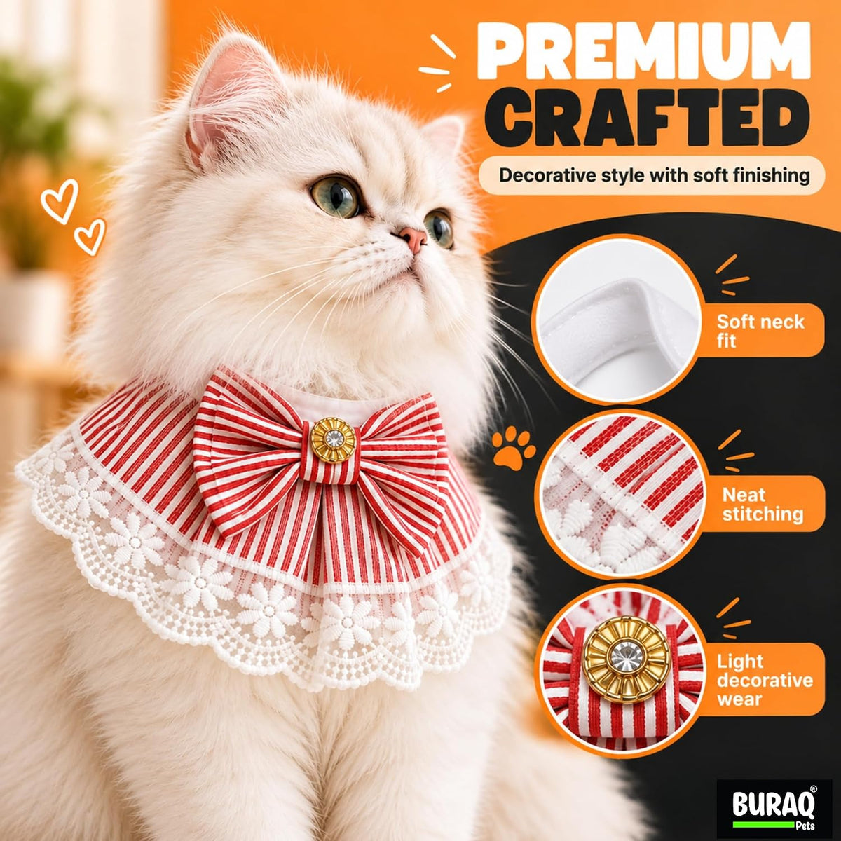 Cat Bandana Collar with Bow, Red & White Striped Cotton, Floral Lace Trim