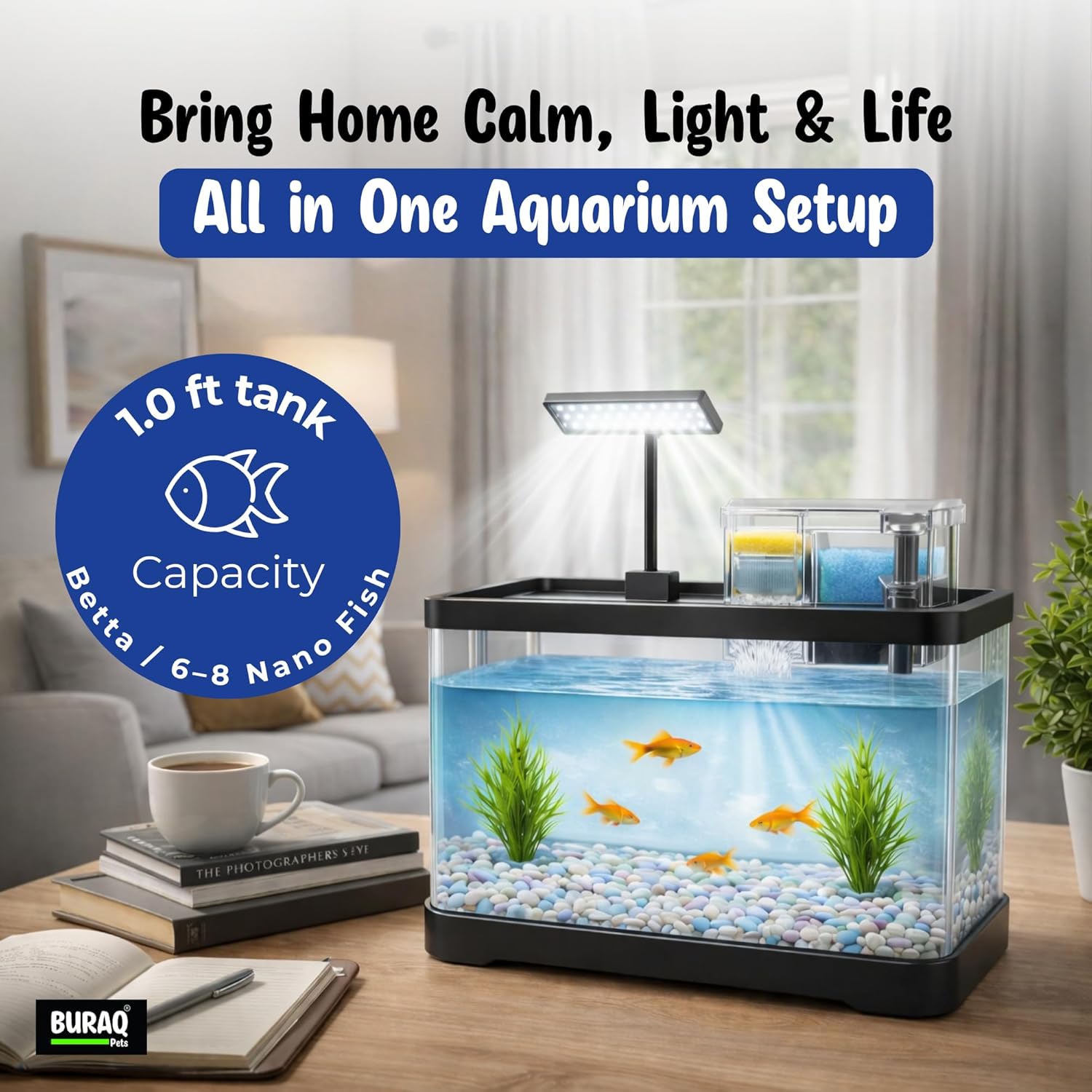 Curved Unbreakable Aquarium Tank with Top Filter & Light