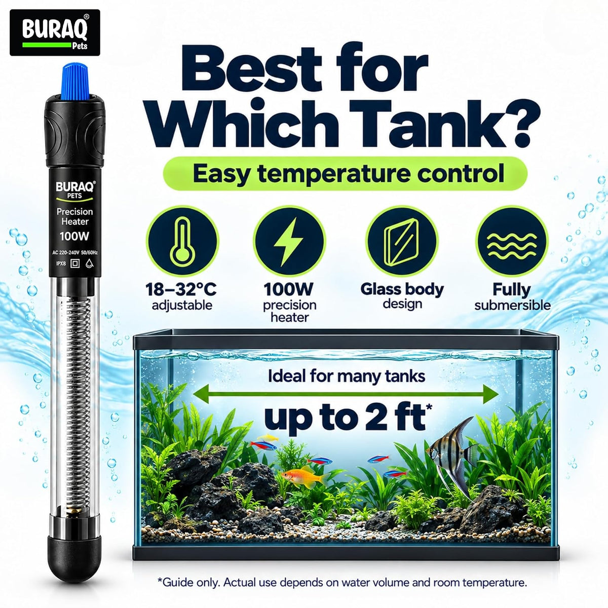 100W Automatic Glass Aquarium Heater for Fish Tank, Adjustable Temperature 18°C–32°C, Submersible Water Heater (Suitable Upto 2 FT Tank)