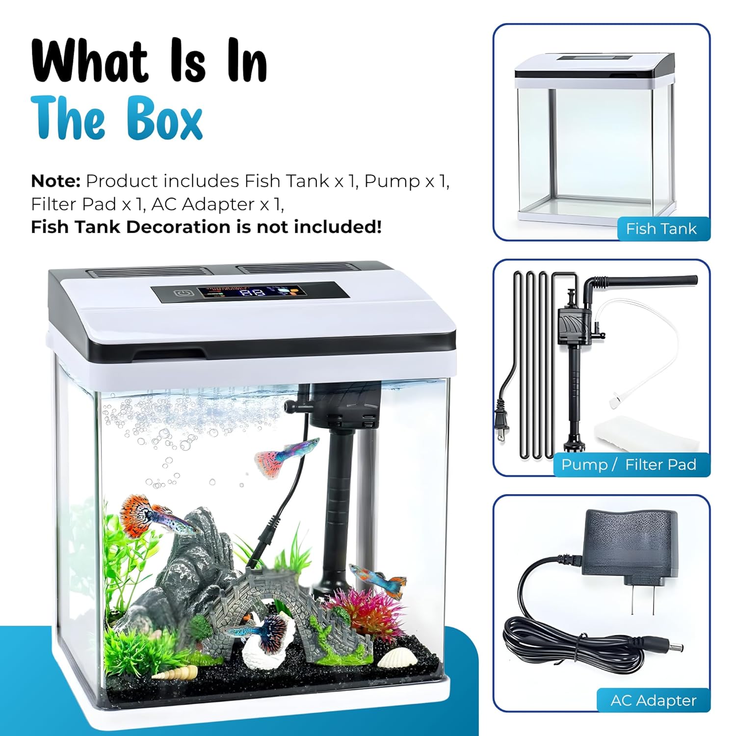 Mini Digital Aquarium Fish Tank 9L – Smart Touch LED, 7 Color Lights, Temp Display