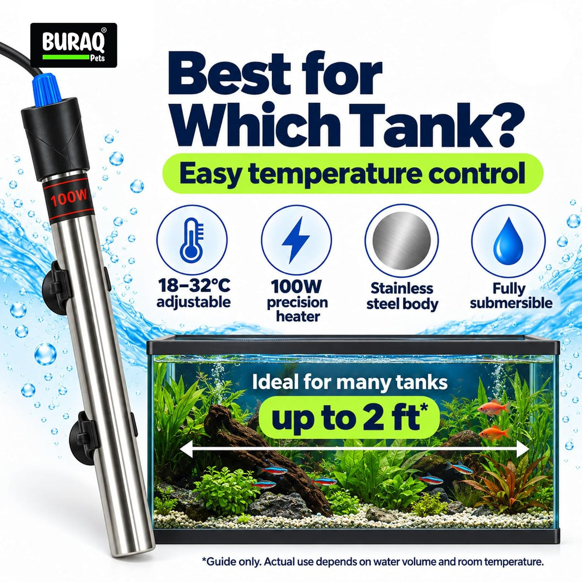 100W Stainless Steel Aquarium Heater for Fish Tank, Adjustable Temperature 18-32°C (Suitable for 2 FT Tank)