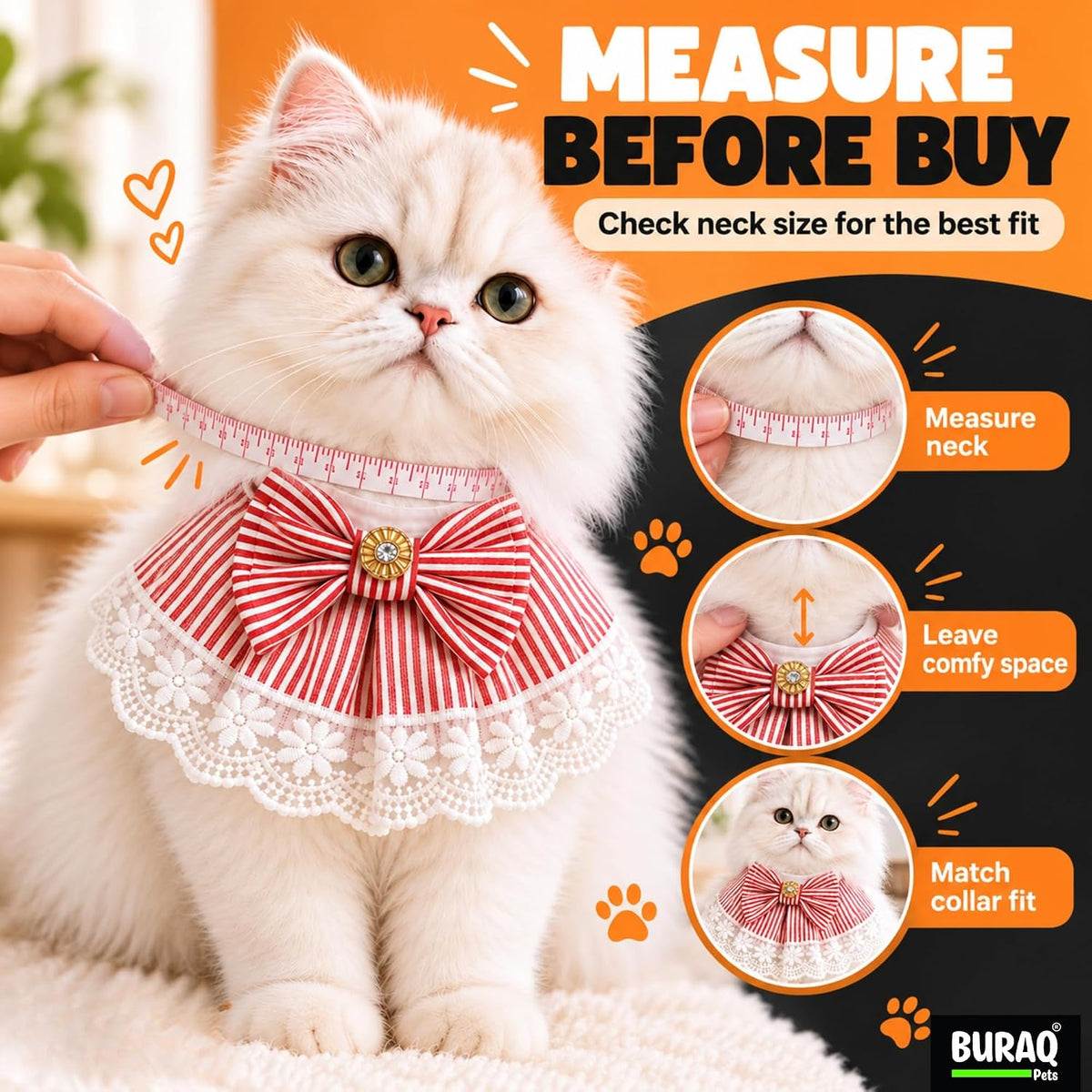 Cat Bandana Collar with Bow, Red & White Striped Cotton, Floral Lace Trim