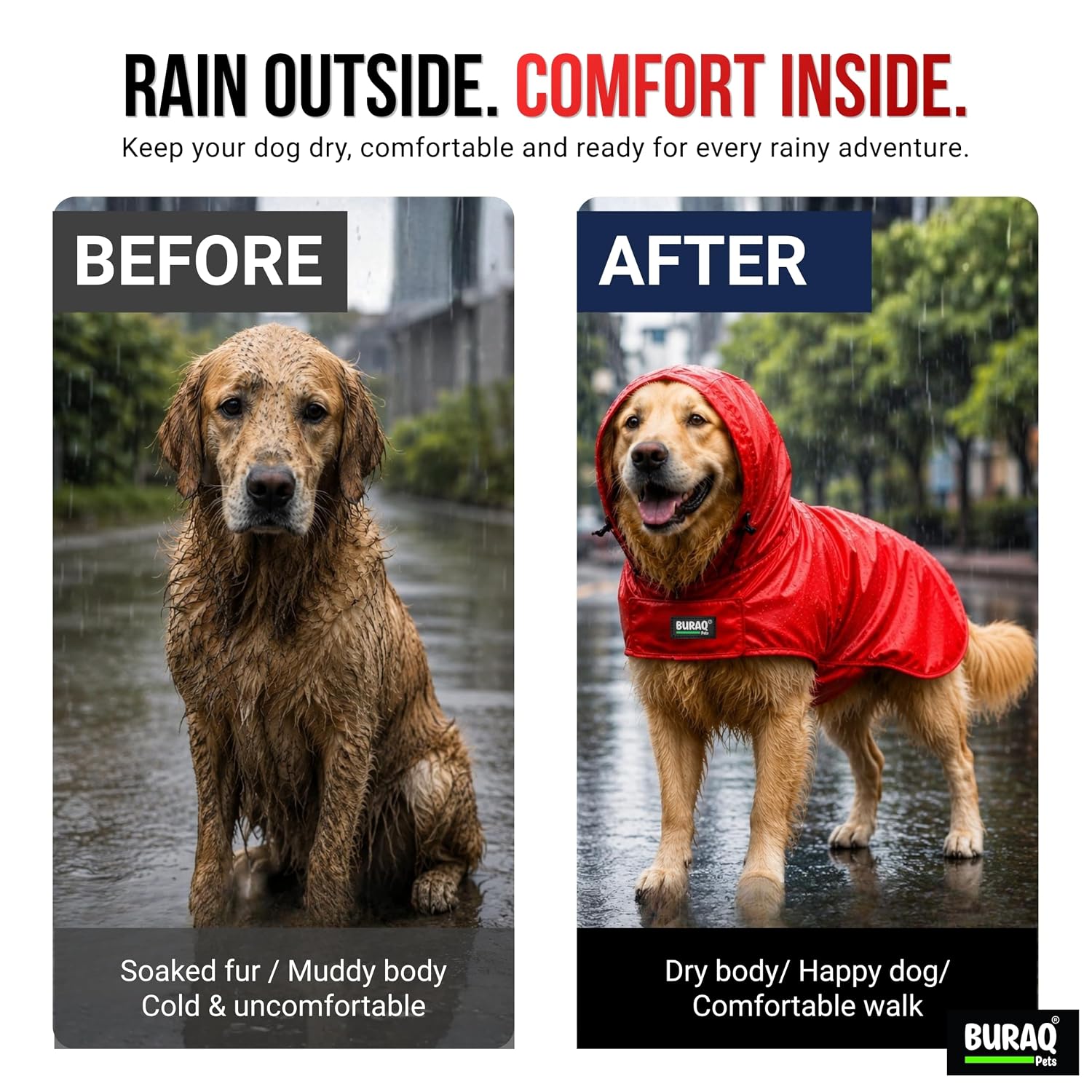 Pets Dog Raincoat, Waterproof Pet Jacket with Hood & Leash Hole, Protects from Rain & Mud