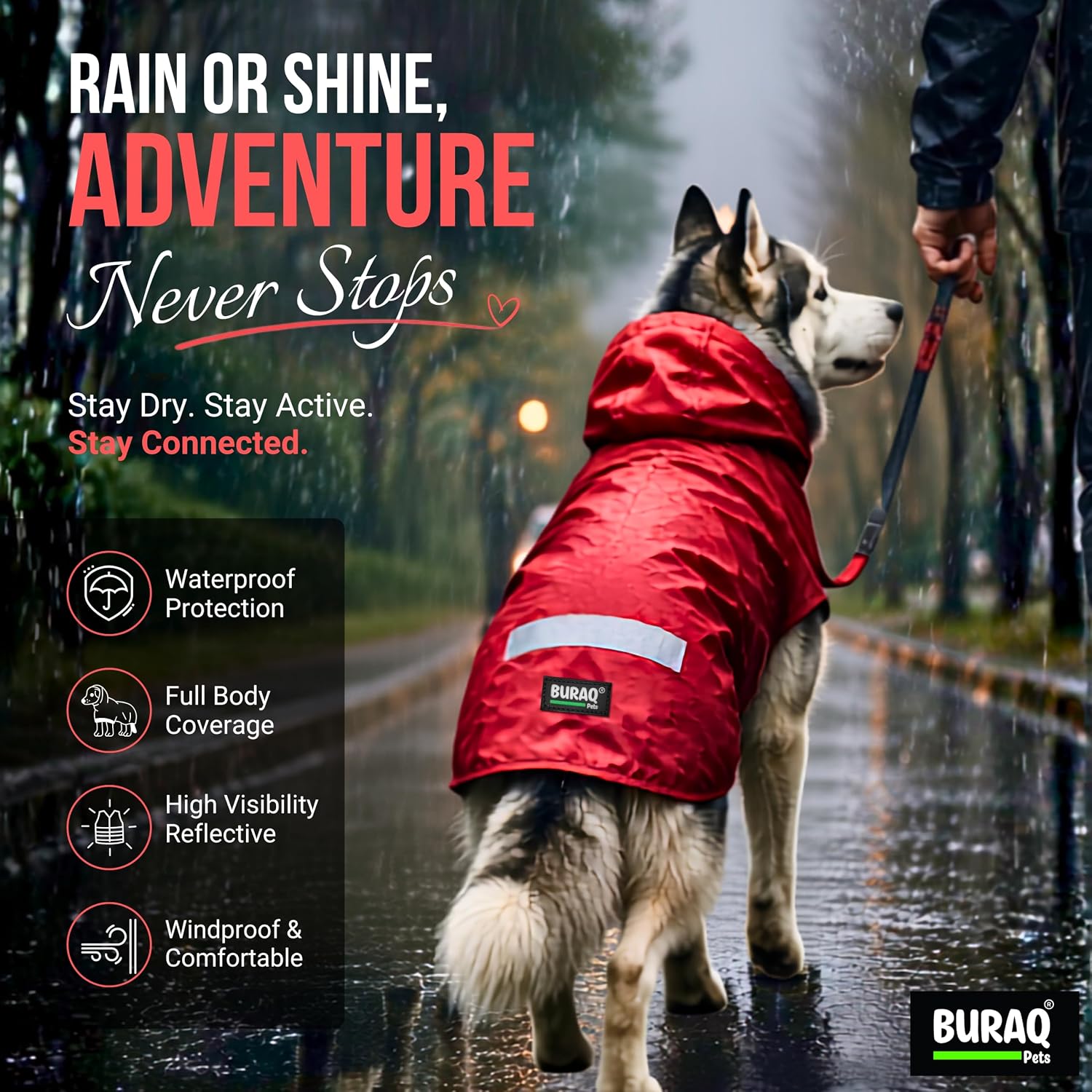 Pets Dog Raincoat, Waterproof Pet Jacket with Hood & Leash Hole, Protects from Rain & Mud