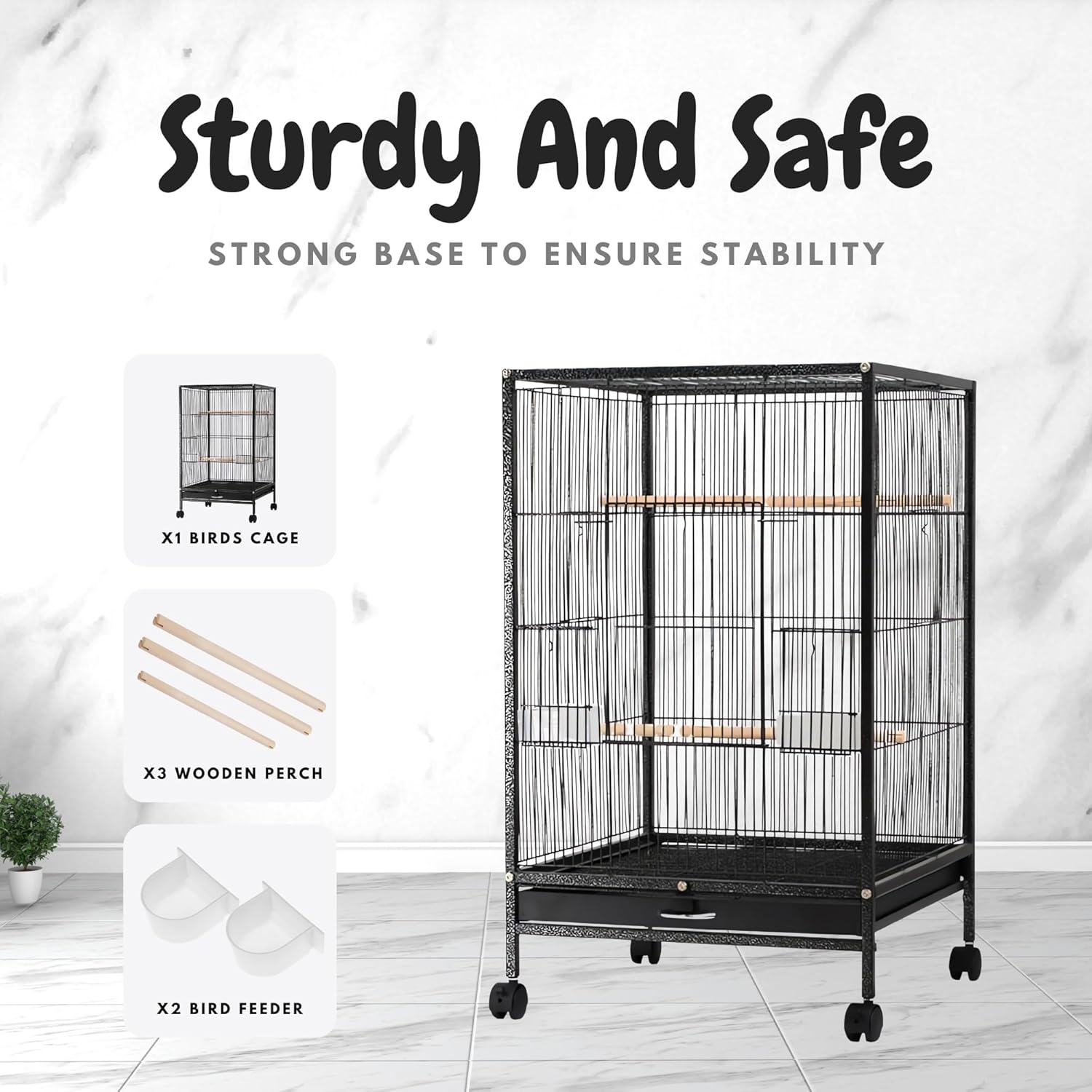 30-Inch Large Bird Cage with 3 Pcs Toys – Spacious Metal Cage