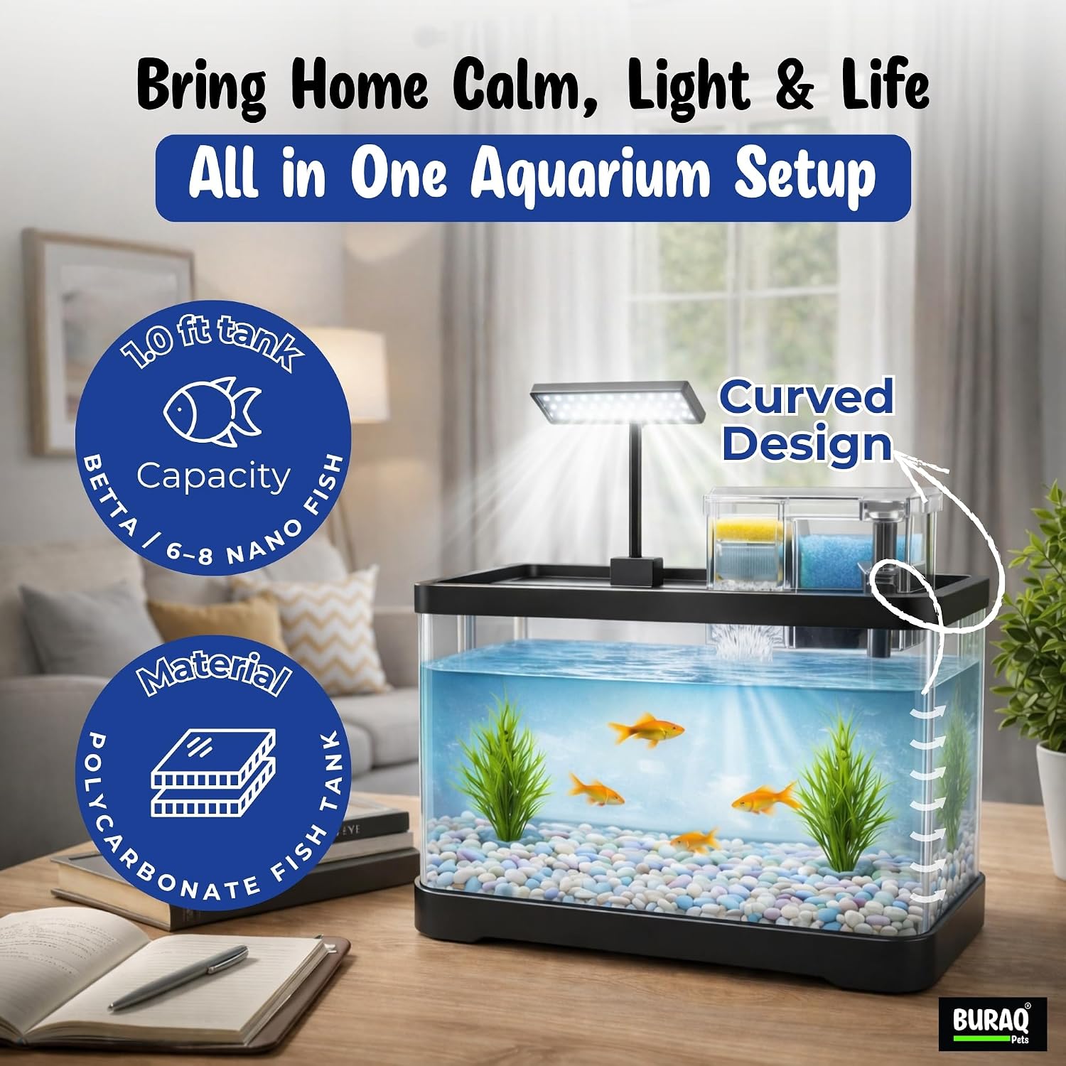Curved Unbreakable Aquarium Tank with Top Filter & Light