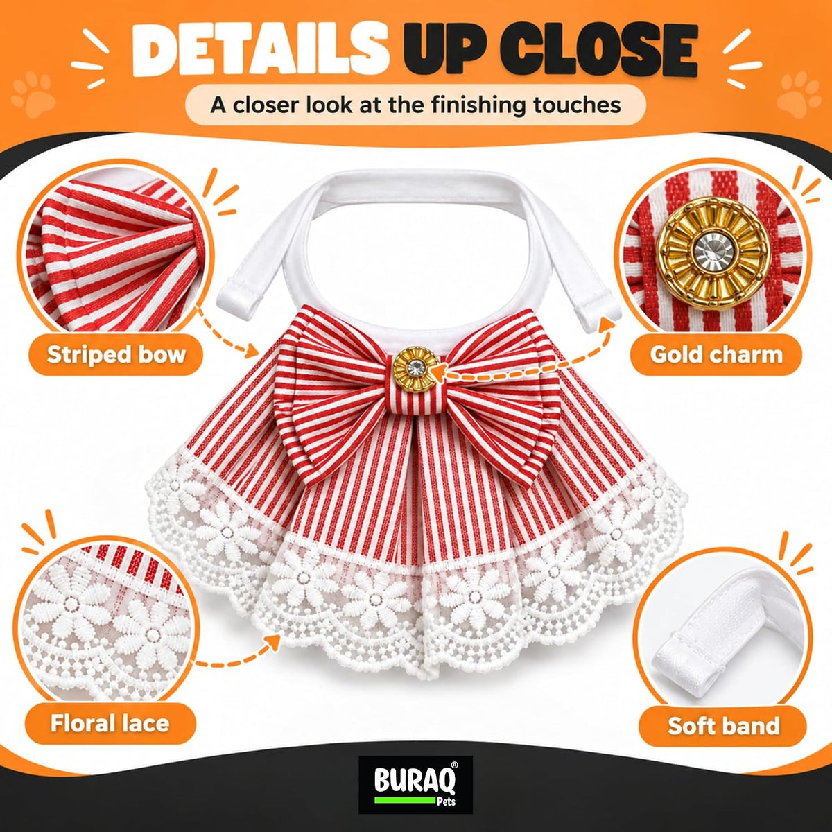 Cat Bandana Collar with Bow, Red & White Striped Cotton, Floral Lace Trim