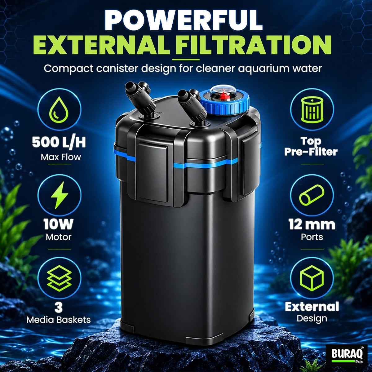 YWY-500 External Canister Filter for Aquarium, 500 L/H Max Flow, 10W, Top Pre-Filter & 3 Media Baskets, Multi-Stage Filtration for Freshwater Fish Tanks