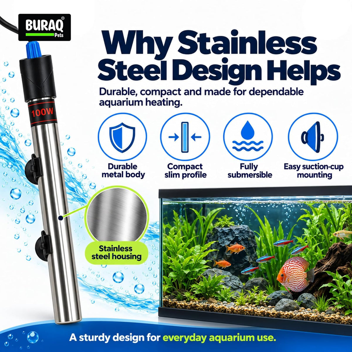 100W Stainless Steel Aquarium Heater for Fish Tank, Adjustable Temperature 18-32°C (Suitable for 2 FT Tank)