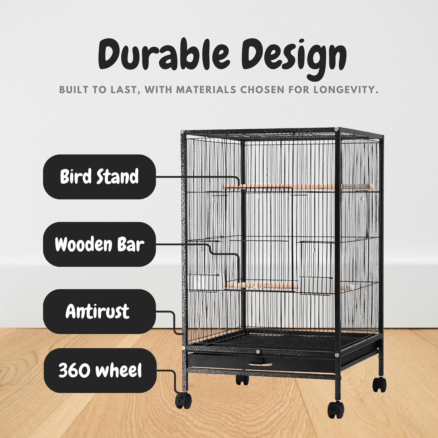 30-Inch Large Bird Cage with 3 Pcs Toys – Spacious Metal Cage