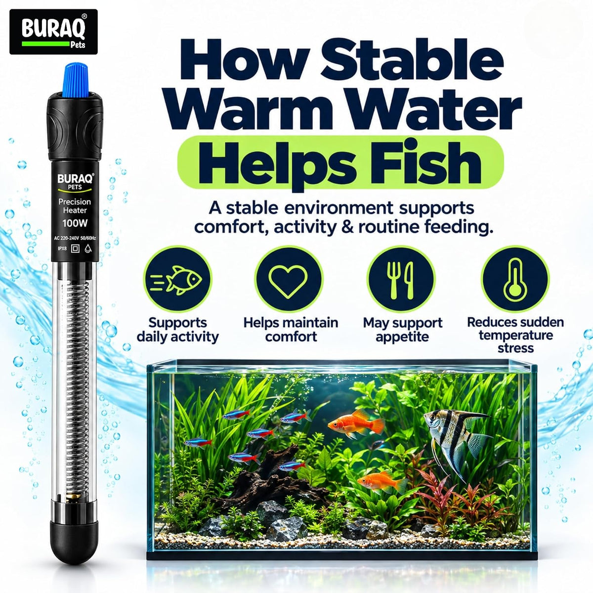 100W Automatic Glass Aquarium Heater for Fish Tank, Adjustable Temperature 18°C–32°C, Submersible Water Heater (Suitable Upto 2 FT Tank)