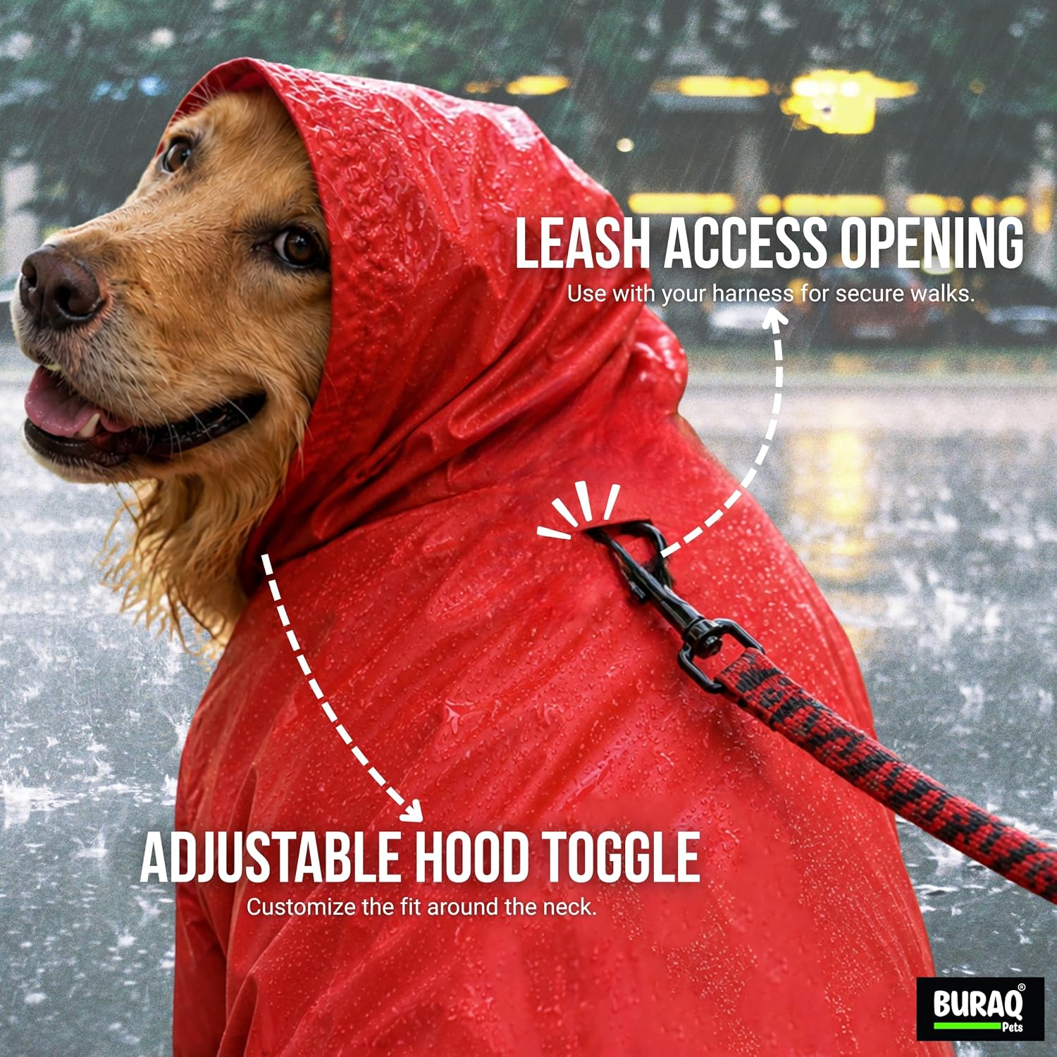 Pets Dog Raincoat, Waterproof Pet Jacket with Hood & Leash Hole, Protects from Rain & Mud