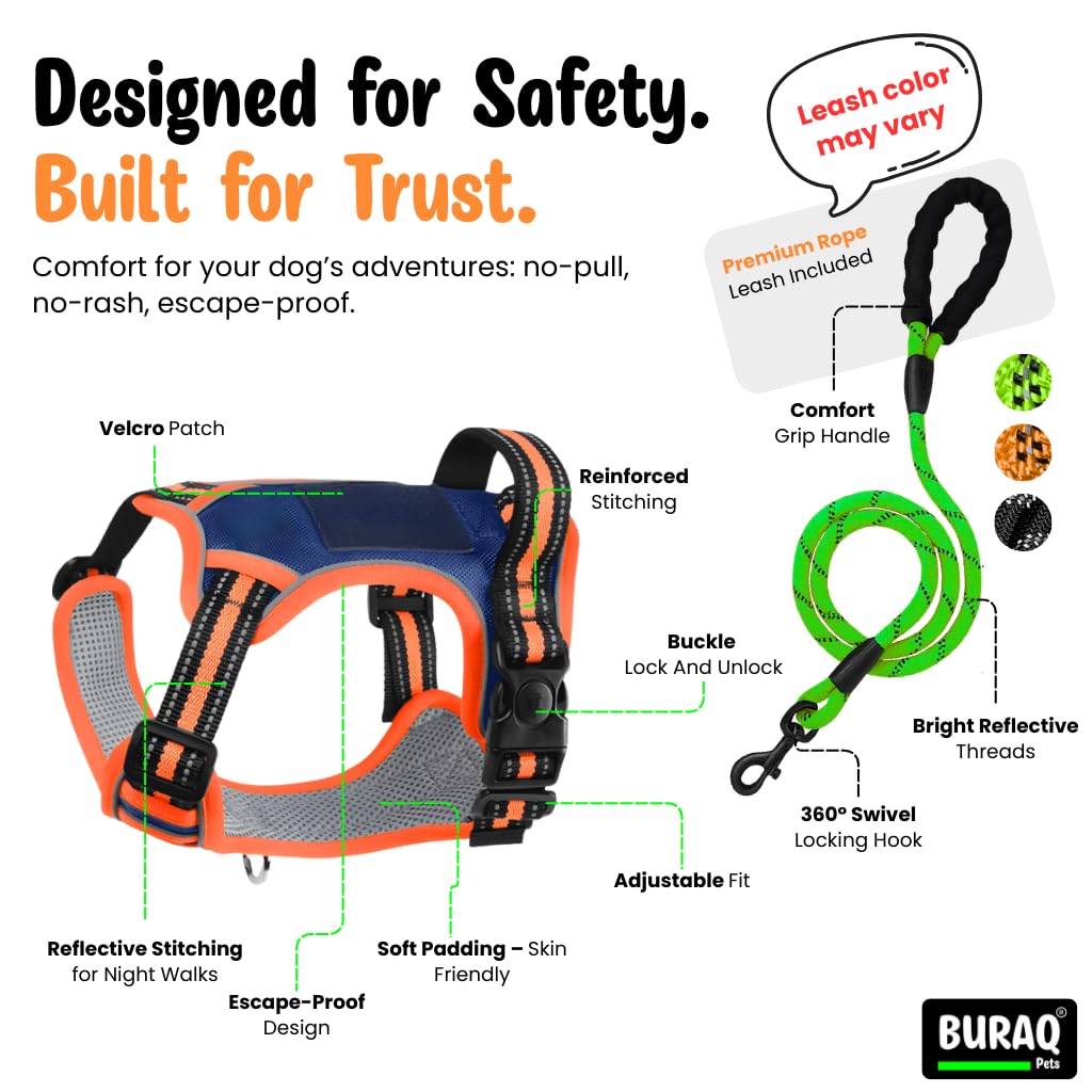 Aerofit Reflective No Pull Dog Harness & Leash – Adjustable Escape - Proof Vest for Dogs - BURAQ PETS