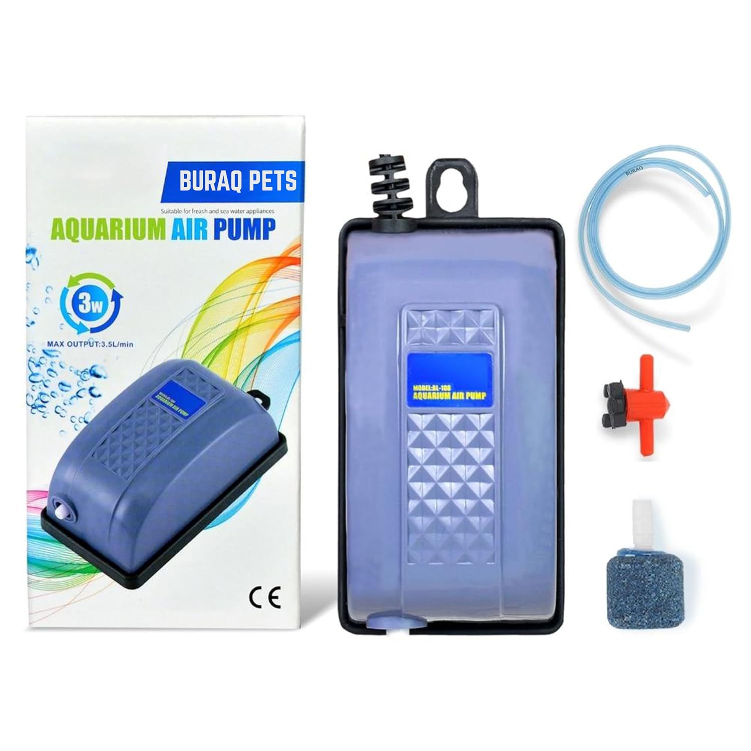Aquarium Oxygen Air Pump, Adjust Speed Volume, Noiseless, with 2 Air Outlets and 1 Meter Air Tube - BURAQ PETS