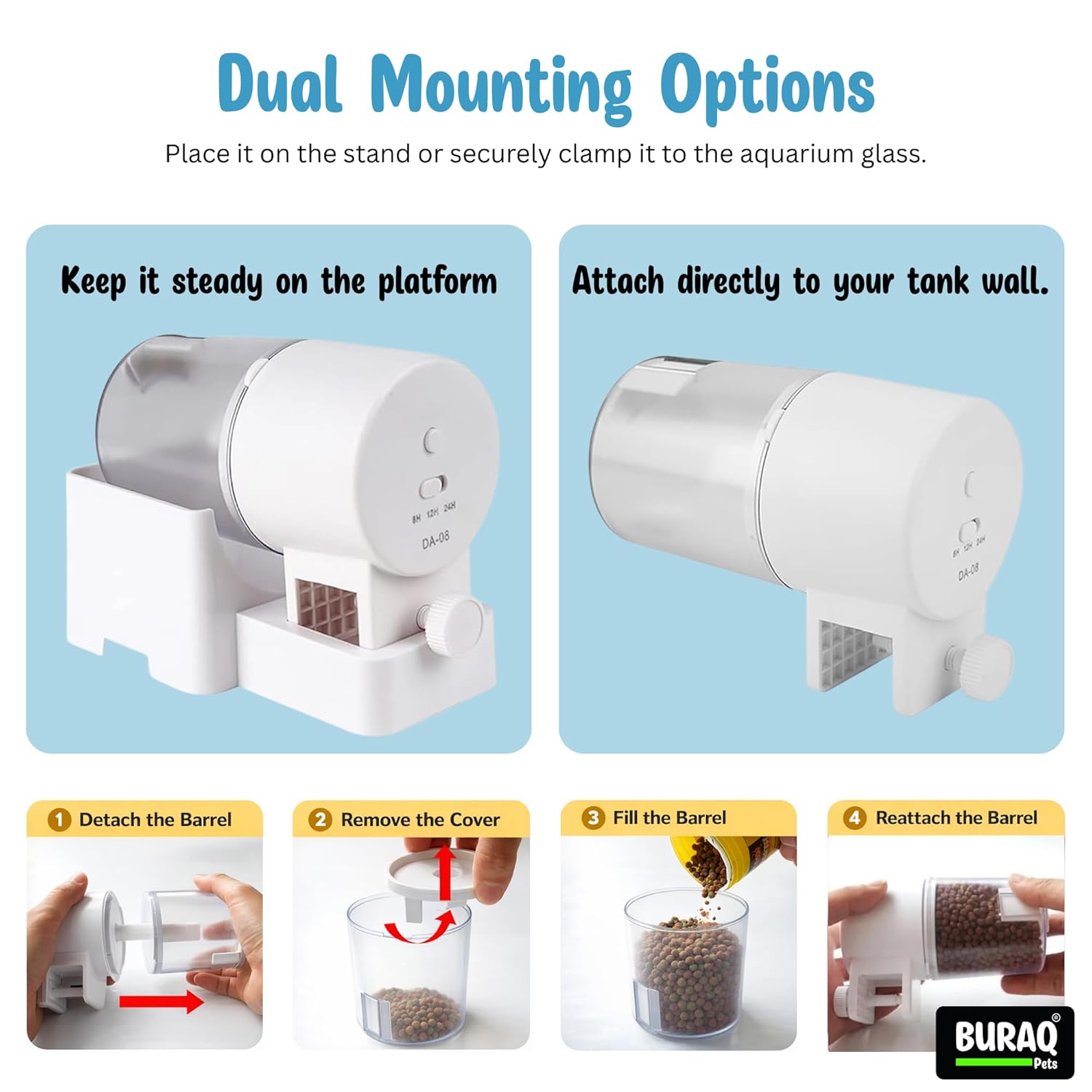 Automatic Fish Feeder for Aquarium, Timed Auto Food Dispenser 8H/12H/24H, - BURAQ PETS