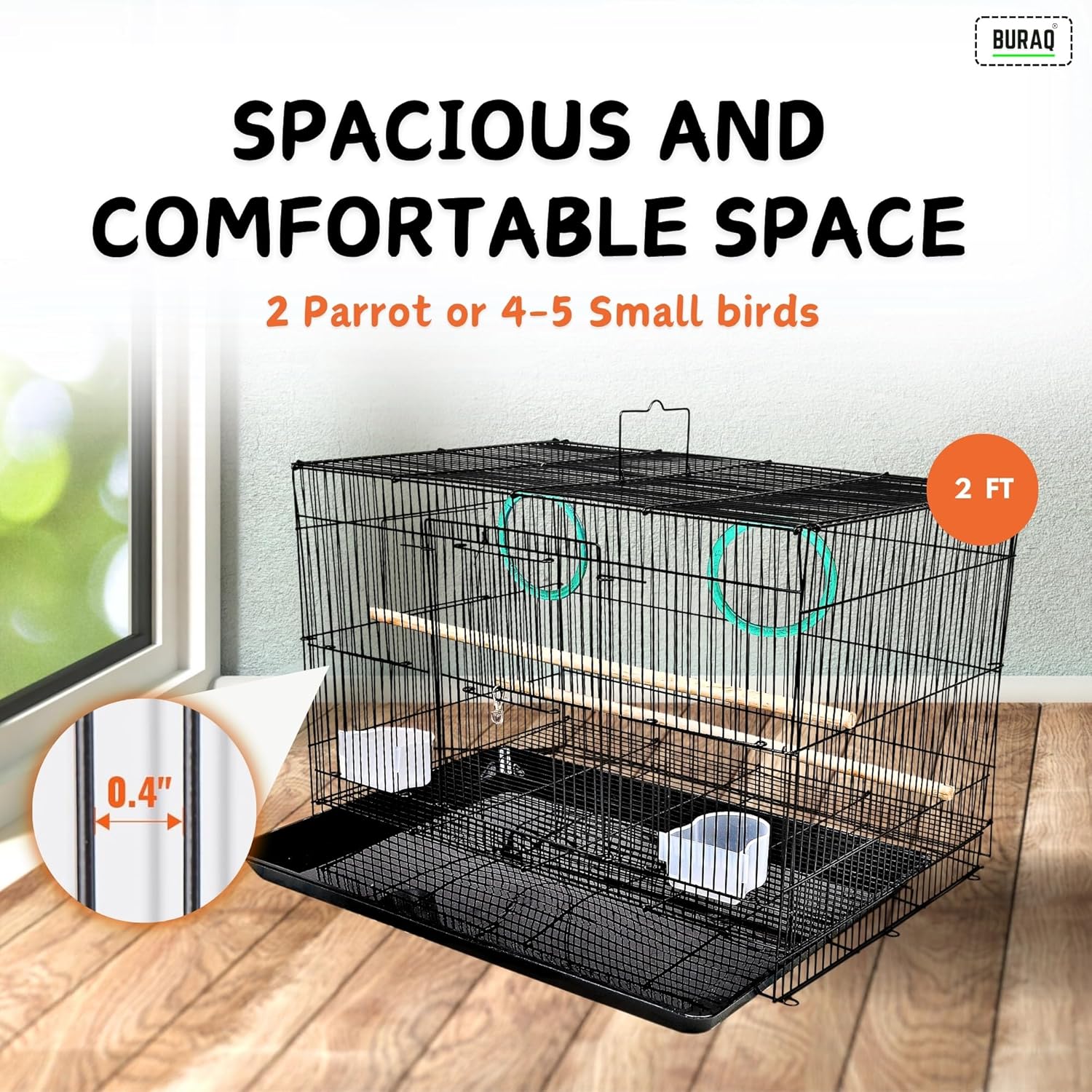 2 Ft Metal Bird Cage – With 3 Swings & Toys | Ideal for Lovebirds & Parrots (23.5" x 16.5" x 16") - BURAQ PETS