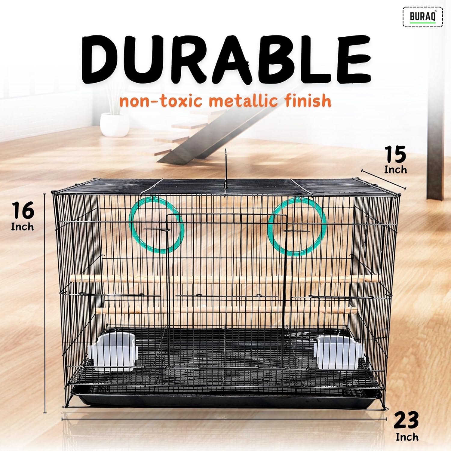 2 Ft Metal Bird Cage – With 3 Swings & Toys | Ideal for Lovebirds & Parrots (23.5" x 16.5" x 16") - BURAQ PETS