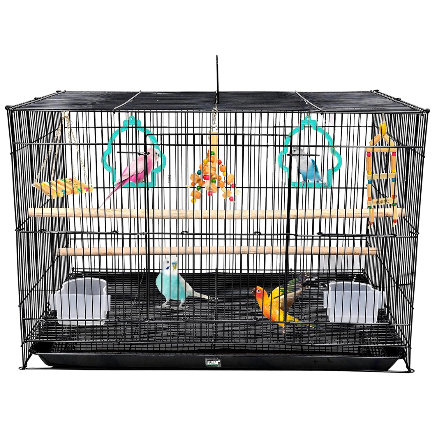 BURAQ 2 Ft Metal Birds Cage With 3 Swing Bird Toys - Best For Love Bird Cages | Parrot | Parakeet | Hammock | Large Bird Cage (Size - 23.5" Long, 16.5" Wide And 16" Height), Black - BURAQ PETS