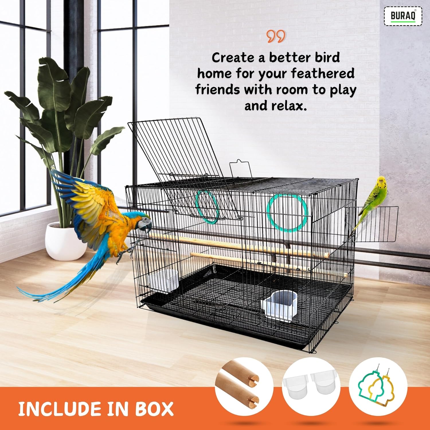 2 Ft Metal Bird Cage – With 3 Swings & Toys | Ideal for Lovebirds & Parrots (23.5" x 16.5" x 16") - BURAQ PETS