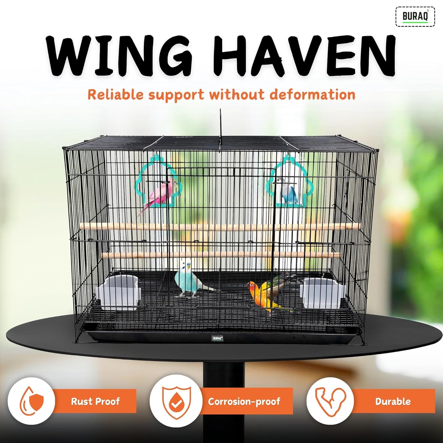 BURAQ 2 Ft Metal Birds Cage With 3 Swing Bird Toys - Best For Love Bird Cages | Parrot | Parakeet | Hammock | Large Bird Cage (Size - 23.5" Long, 16.5" Wide And 16" Height), Black - BURAQ PETS