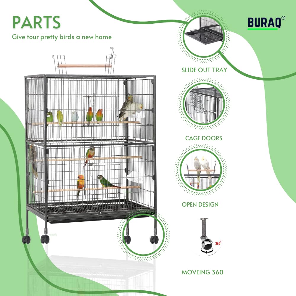 Buraq 38 Inch XX - Large Bird Cage, Includes Locking Casters & Bird Cage Accessories, for Small & Medium Types of Birds (XX - Large - White) - BURAQ PETS