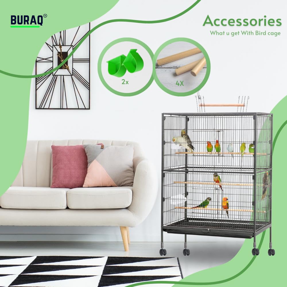 Buraq 38 Inch XX - Large Bird Cage, Includes Locking Casters & Bird Cage Accessories, for Small & Medium Types of Birds (XX - Large - White) - BURAQ PETS