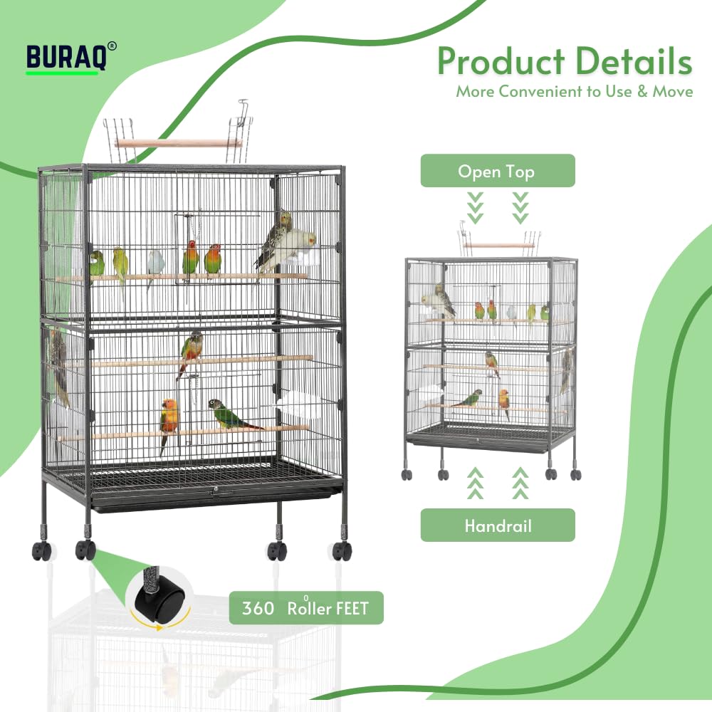 Buraq 38 Inch XX - Large Bird Cage, Includes Locking Casters & Bird Cage Accessories, for Small & Medium Types of Birds (XX - Large - White) - BURAQ PETS