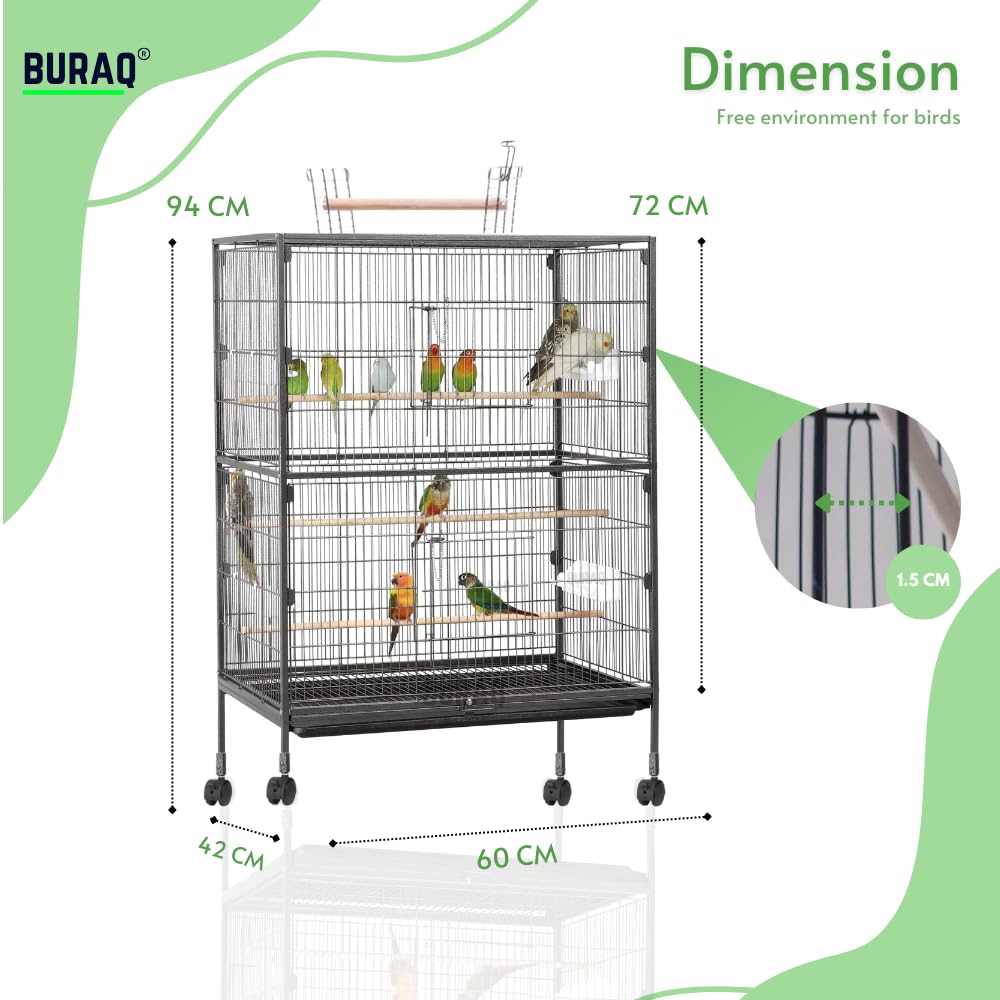 Buraq 38 Inch XX - Large Bird Cage, Includes Locking Casters & Bird Cage Accessories, for Small & Medium Types of Birds (XX - Large - White) - BURAQ PETS