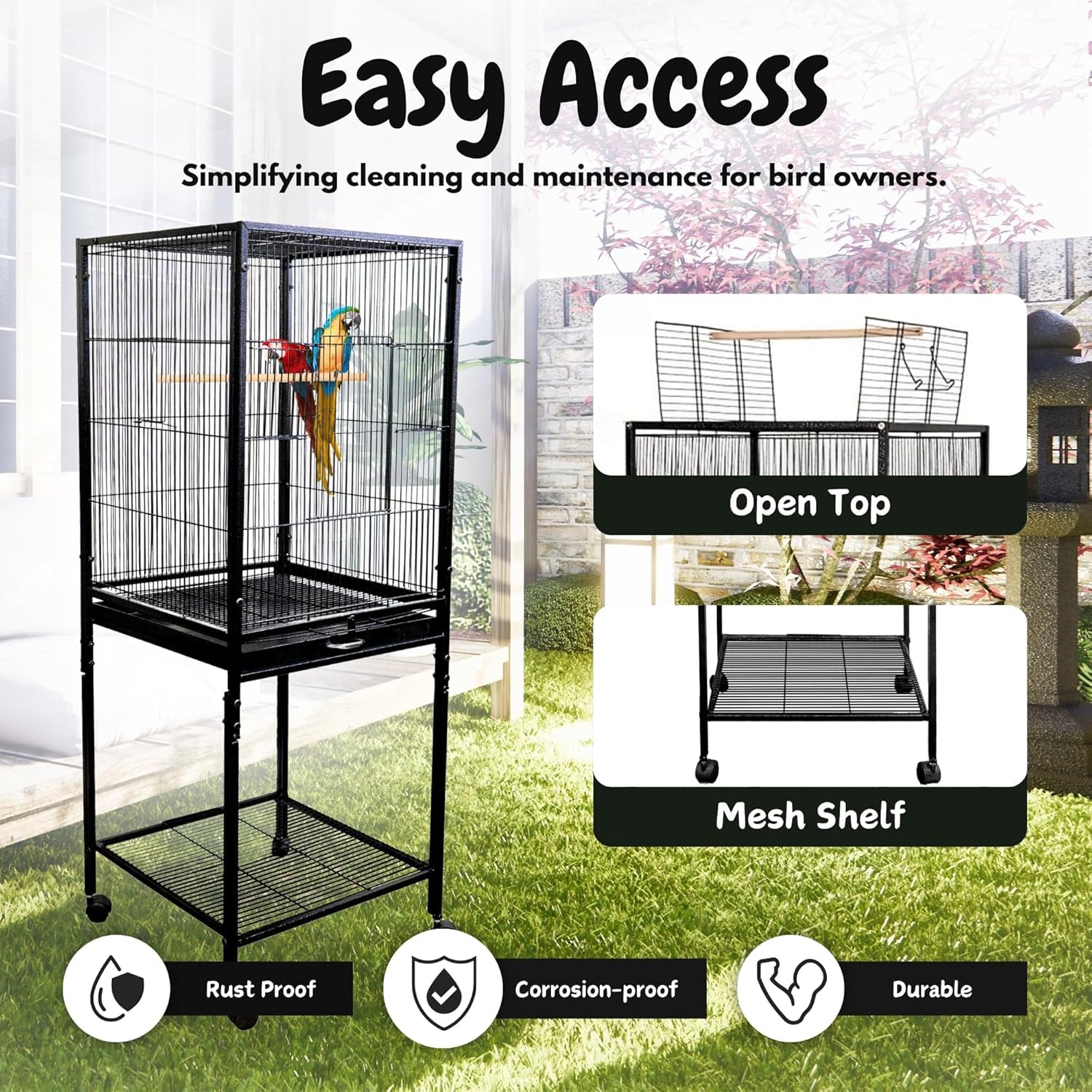 Buraq 48 Inch Extendable Extra Large Bird Cage, Includes Locking Casters & Bird Cage Accessories, for Small & Medium Types of Birds (Extra Large - ... - BURAQ PETS