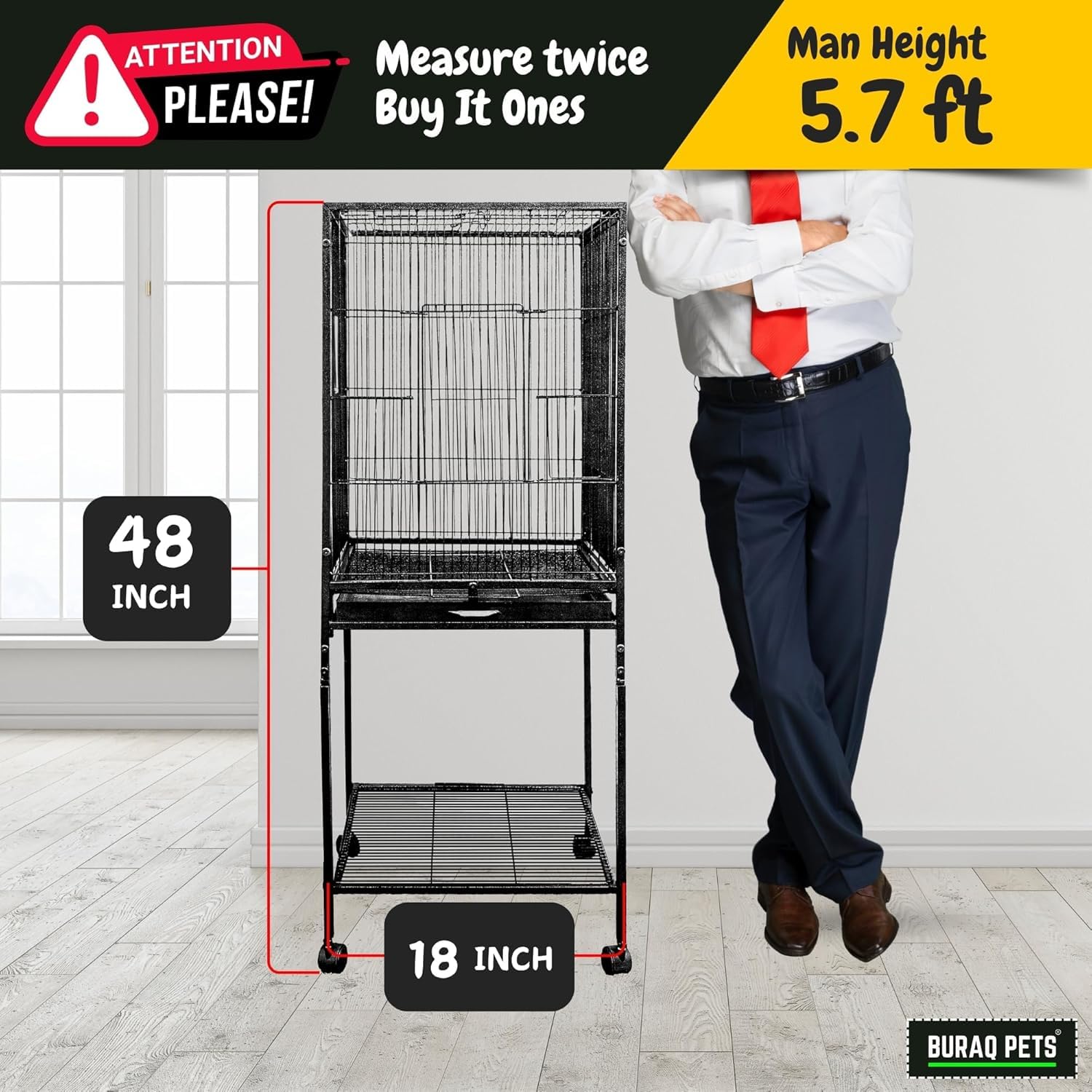 Buraq 48 Inch Extendable Extra Large Bird Cage, Includes Locking Casters & Bird Cage Accessories, for Small & Medium Types of Birds (Extra Large - ... - BURAQ PETS