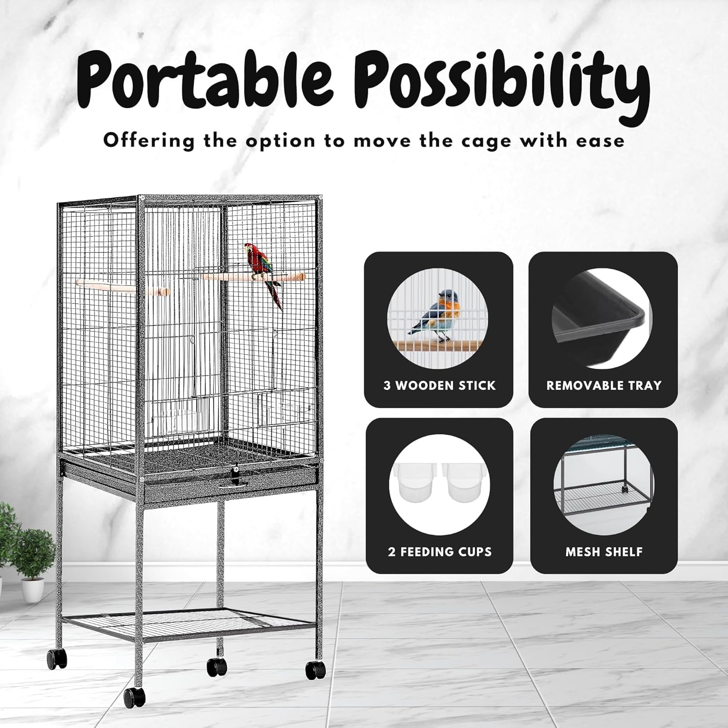 Buraq 48 Inch Extendable Extra Large Bird Cage, Includes Locking Casters & Bird Cage Accessories, for Small & Medium Types of Birds (Extra Large - ... - BURAQ PETS