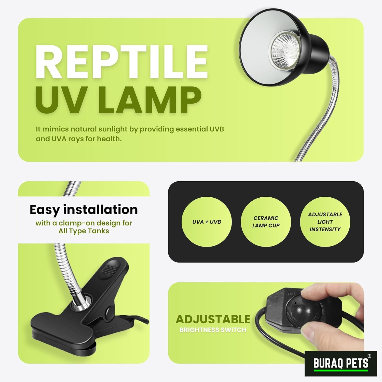 Reptile Heat Lamp BL-F02 – UVA+UVB Full Spectrum Basking Light with Holder & 2 Bulbs - BURAQ PETS