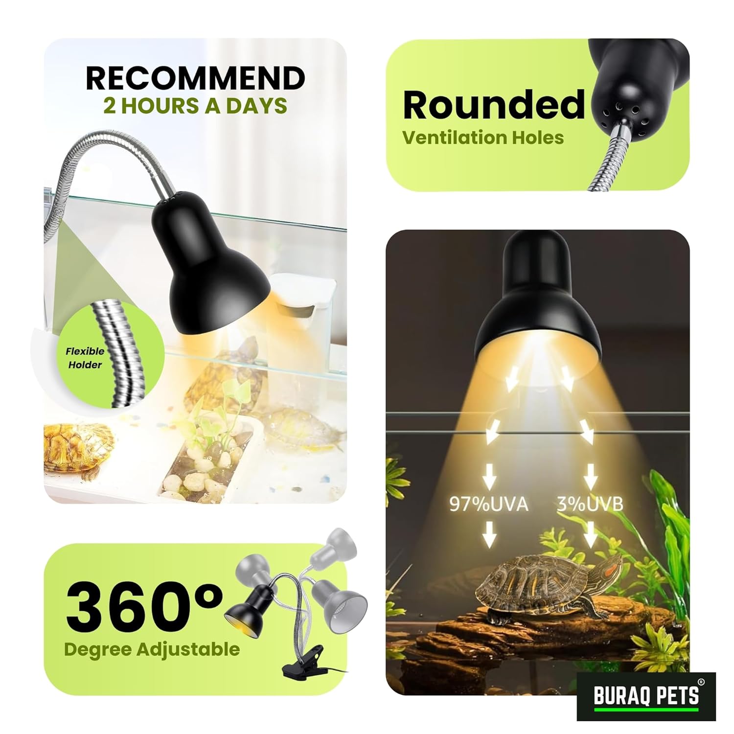 Reptile Heat Lamp BL-F02 – UVA+UVB Full Spectrum Basking Light with Holder & 2 Bulbs - BURAQ PETS