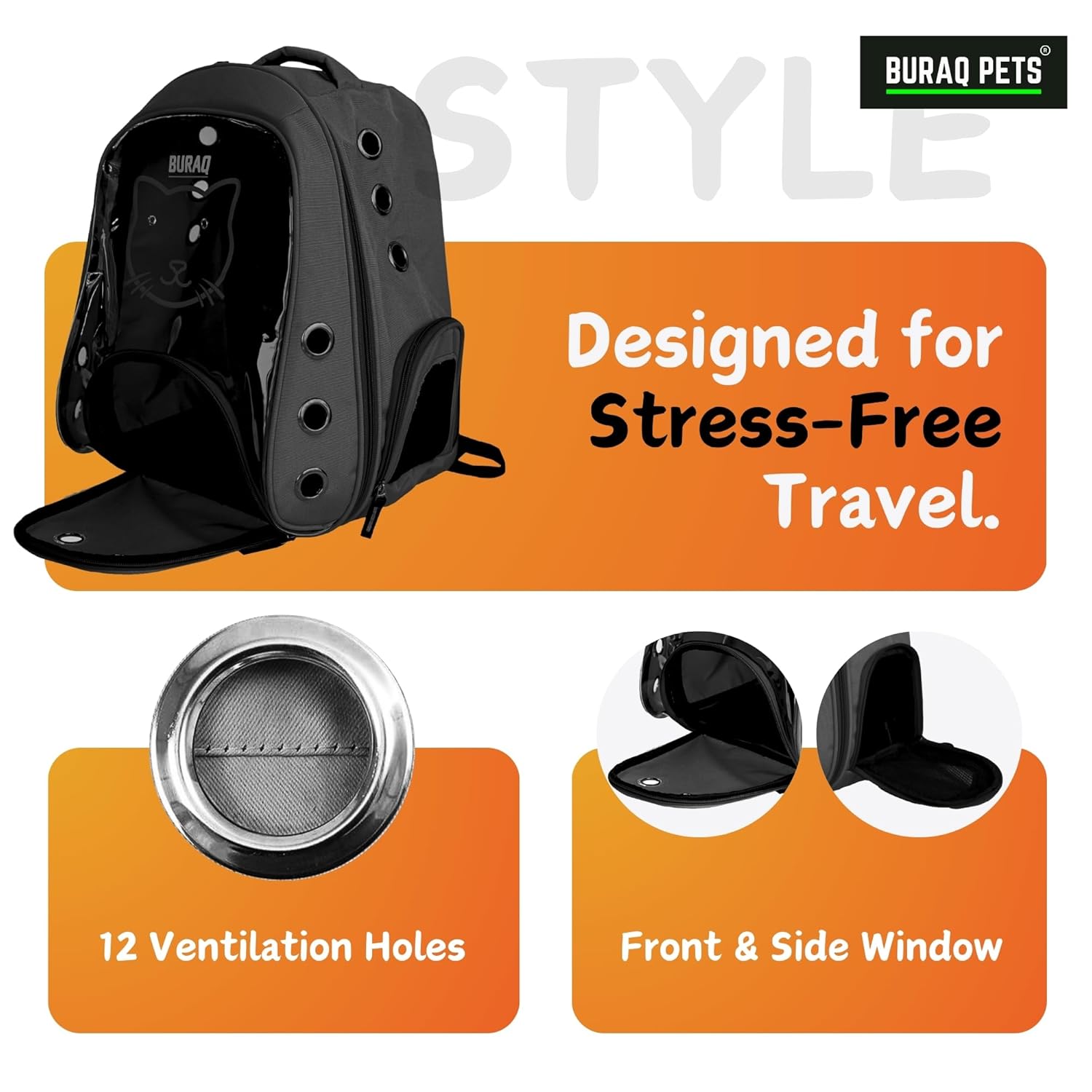 Buraq Cat Faced Pet Carrier Backpack – Stylish, Comfortable, and Ventilated Travel Cat Bag for Cats & Small Puppies - BURAQ PETS