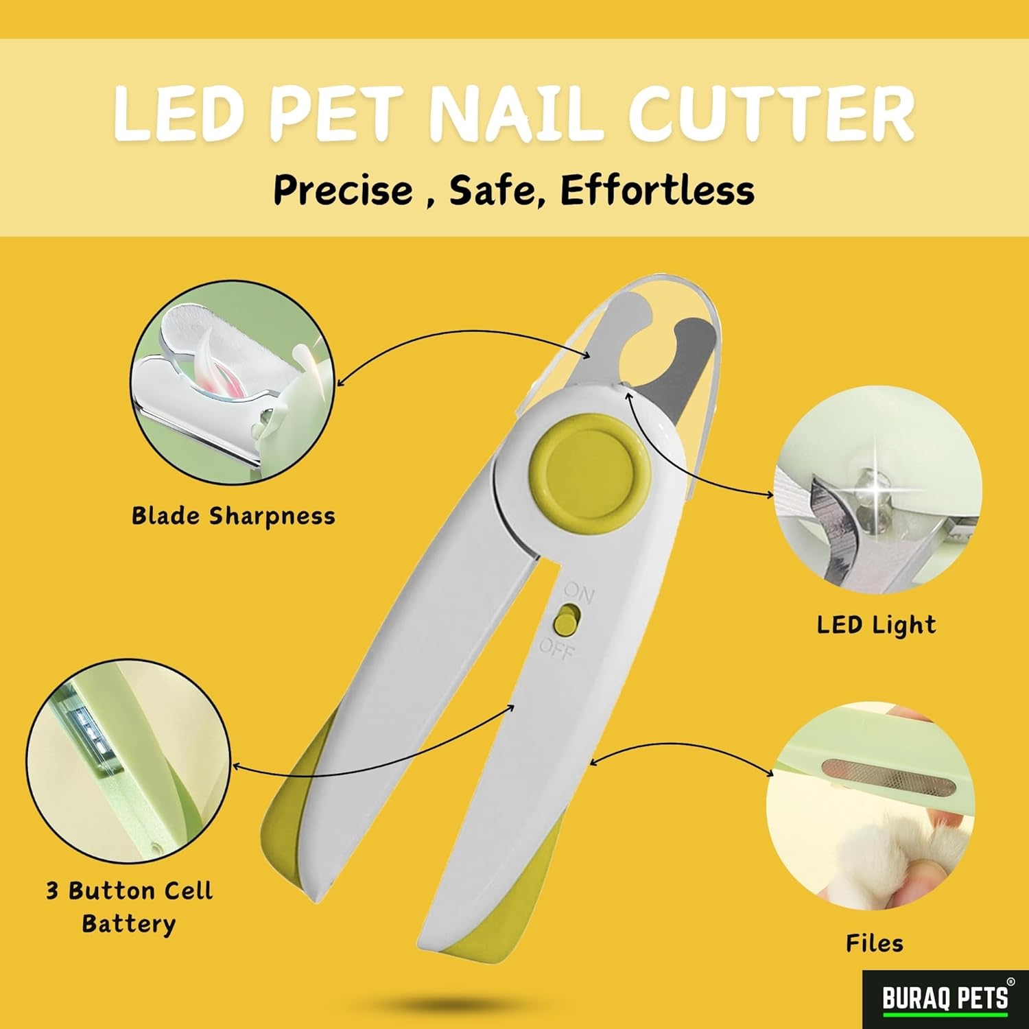 Buraq Dog & Cat Nail Clipper with LED Light – Safe, Ergonomic Pet Nail Trimmer with Safety Guard, Sharp Durable Blades, Professional Grooming Tool for Pets - BURAQ PETS
