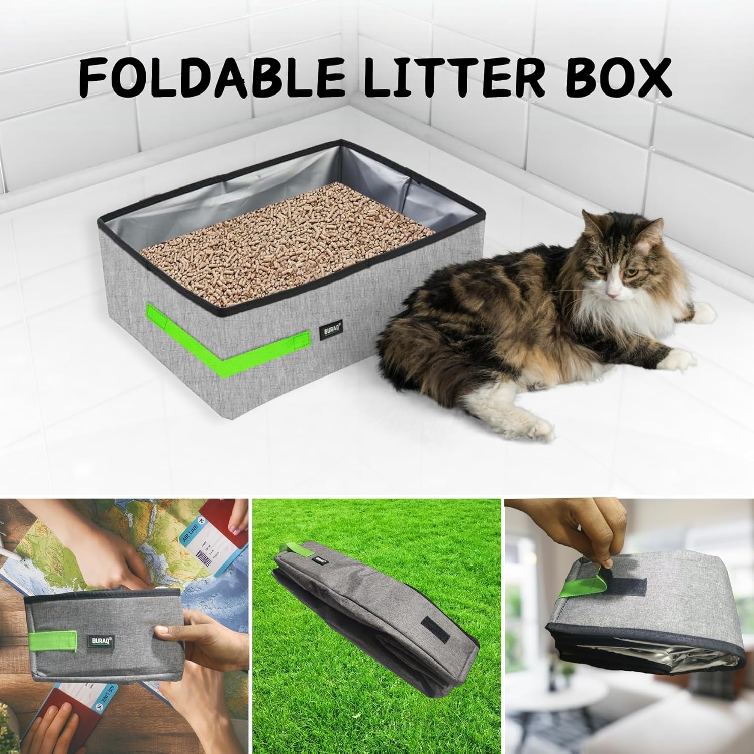 Buraq Foldable Cat Litter Box for Indoor & Outdoor, Waterpoof & Washable, Cat Litter Tray, Portable Reuseable Cat Litter Boxes for All Adult Cats & Kittens 48 x 38 x 12 Cm - BURAQ PETS