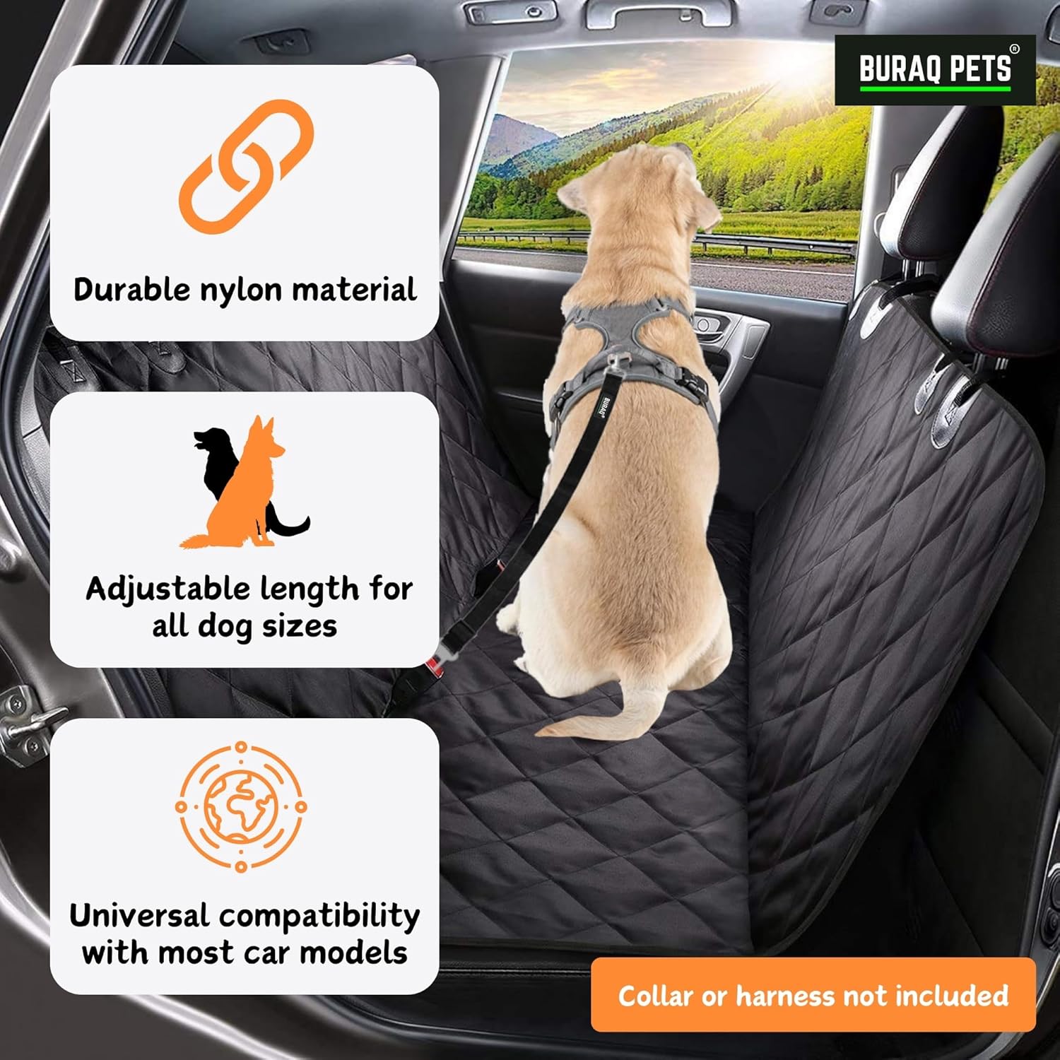Buraq Heavy Duty Dog Seat Belt, Retractable Dog Car Harness, Nylon & Strong Hook, Adjustable Pet Safety Seat Belts for Vehicle - BURAQ PETS