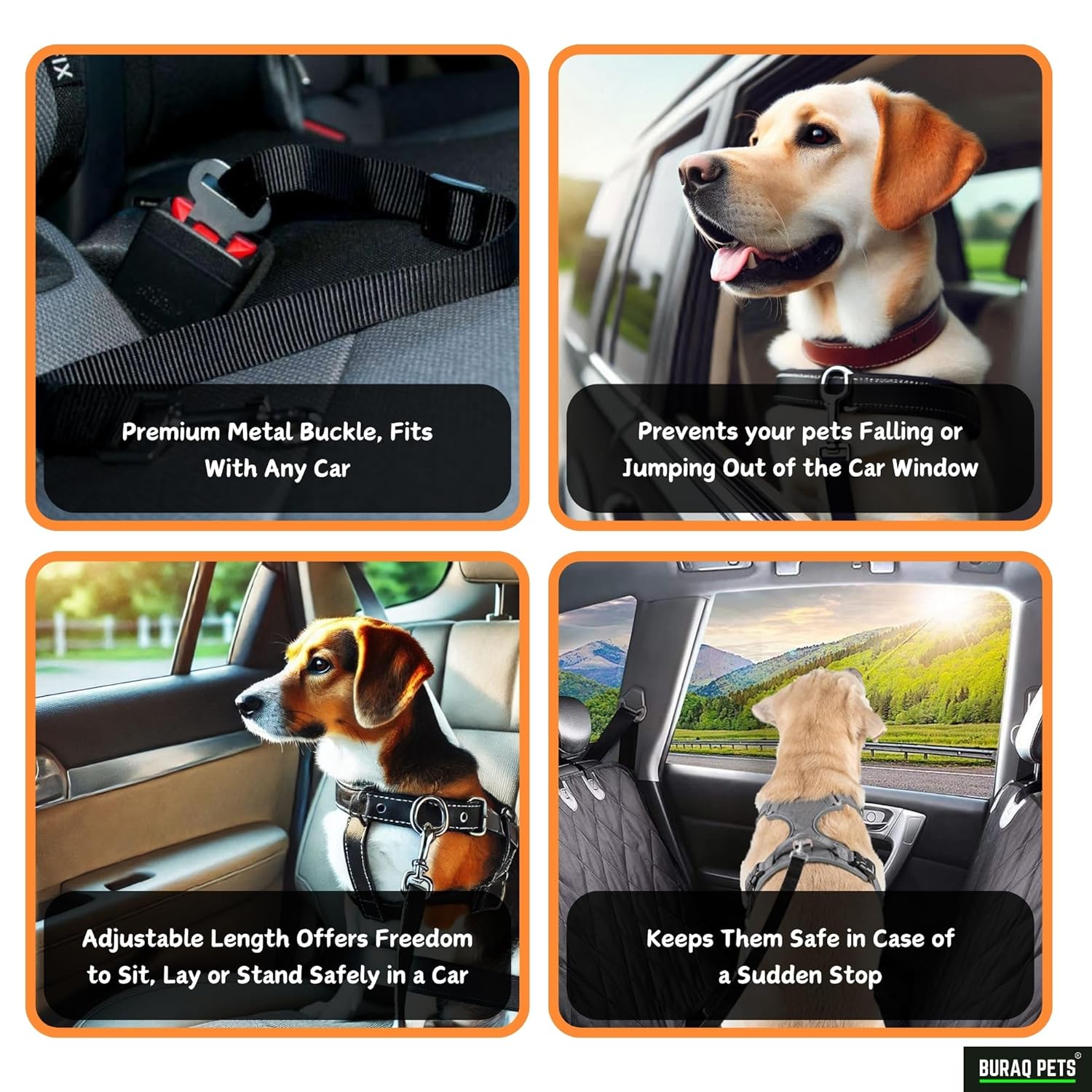 Buraq Heavy Duty Dog Seat Belt, Retractable Dog Car Harness, Nylon & Strong Hook, Adjustable Pet Safety Seat Belts for Vehicle - BURAQ PETS