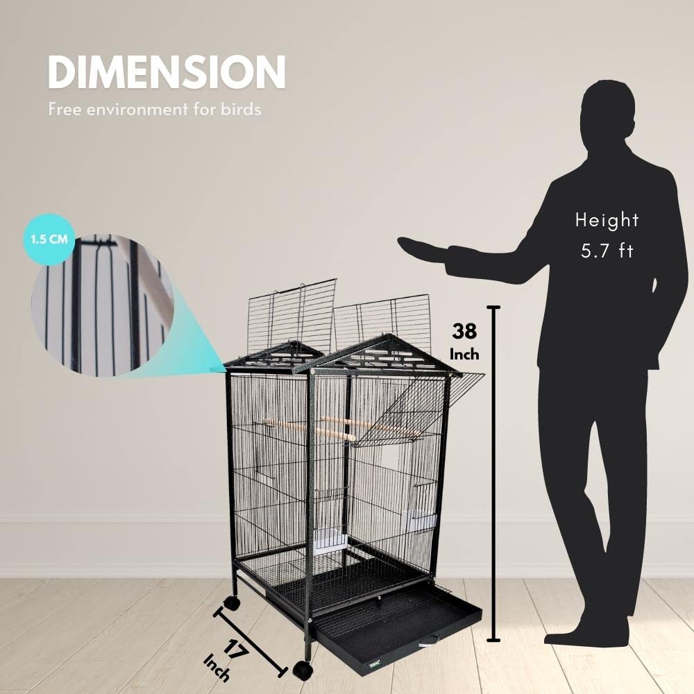 BURAQ Metal 30 Inch Sturdy Large Bird Cage For Parakeets, Cockatiels, Parrot Sun Conure, Green - Cheeked Parakeet, Lovebird Canary Finch Lovebird Pigeons With Rolling Stand (Bird Dream Home - N1) - BURAQ PETS