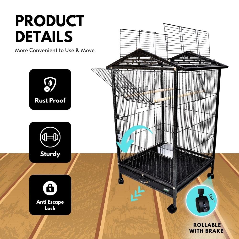 BURAQ Metal 30 Inch Sturdy Large Bird Cage For Parakeets, Cockatiels, Parrot Sun Conure, Green - Cheeked Parakeet, Lovebird Canary Finch Lovebird Pigeons With Rolling Stand (Bird Dream Home - N1) - BURAQ PETS