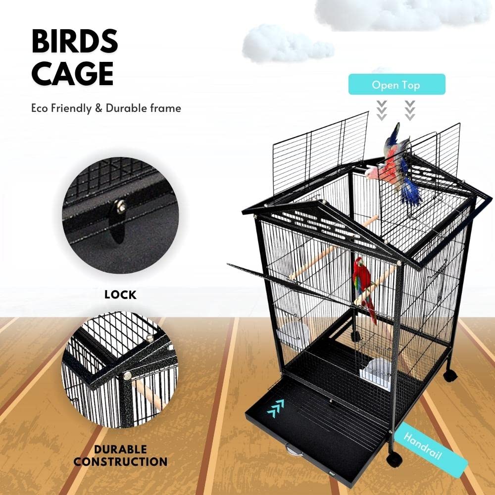 BURAQ Metal 30 Inch Sturdy Large Bird Cage For Parakeets, Cockatiels, Parrot Sun Conure, Green - Cheeked Parakeet, Lovebird Canary Finch Lovebird Pigeons With Rolling Stand (Bird Dream Home - N1) - BURAQ PETS