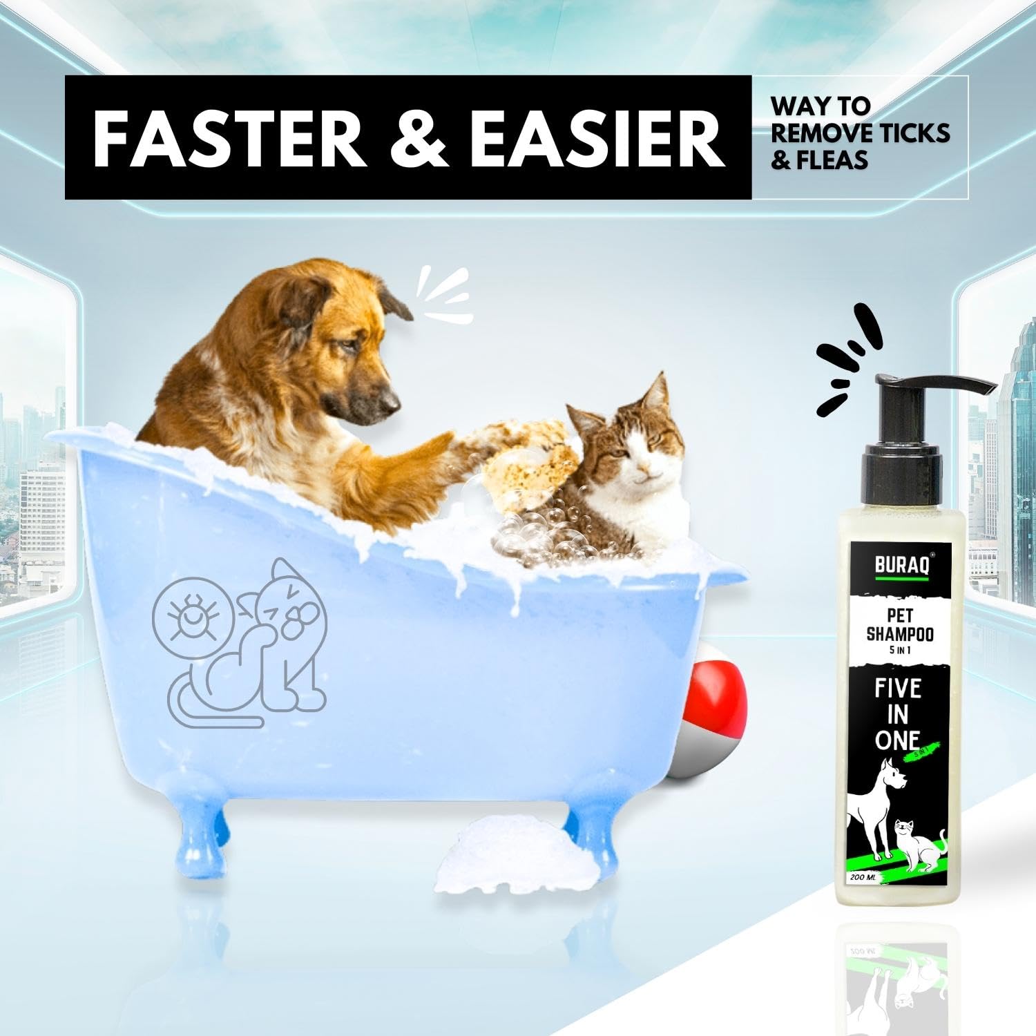 BURAQ Pet Shampoo 5 In 1 - 200 Milliliter|Anti - Dandruff|Moisturizes Skin|Deodorizes & Whitening|Detangles|For Dogs & Cat - BURAQ PETS