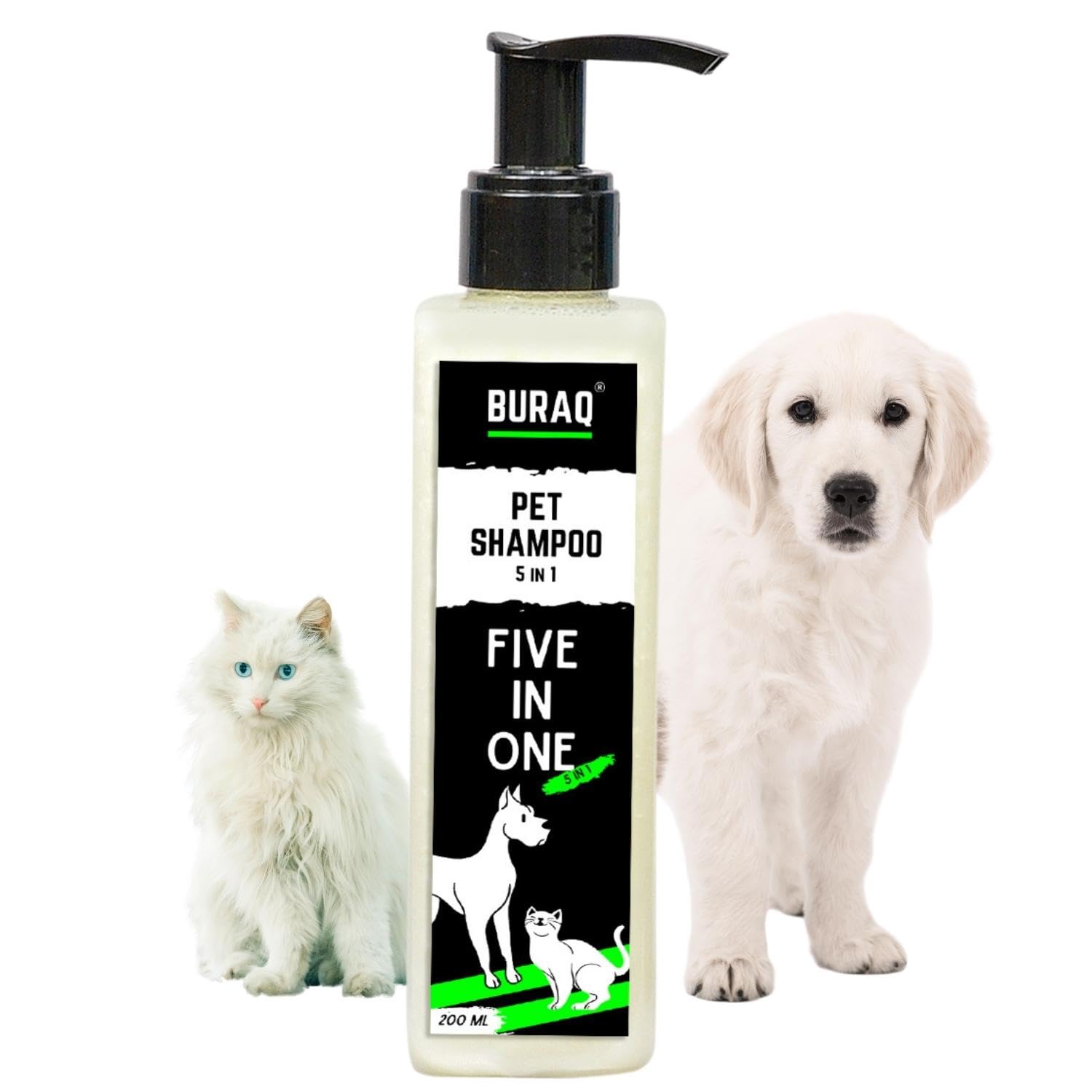 BURAQ Pet Shampoo 5 In 1 - 200 Milliliter|Anti - Dandruff|Moisturizes Skin|Deodorizes & Whitening|Detangles|For Dogs & Cat - BURAQ PETS