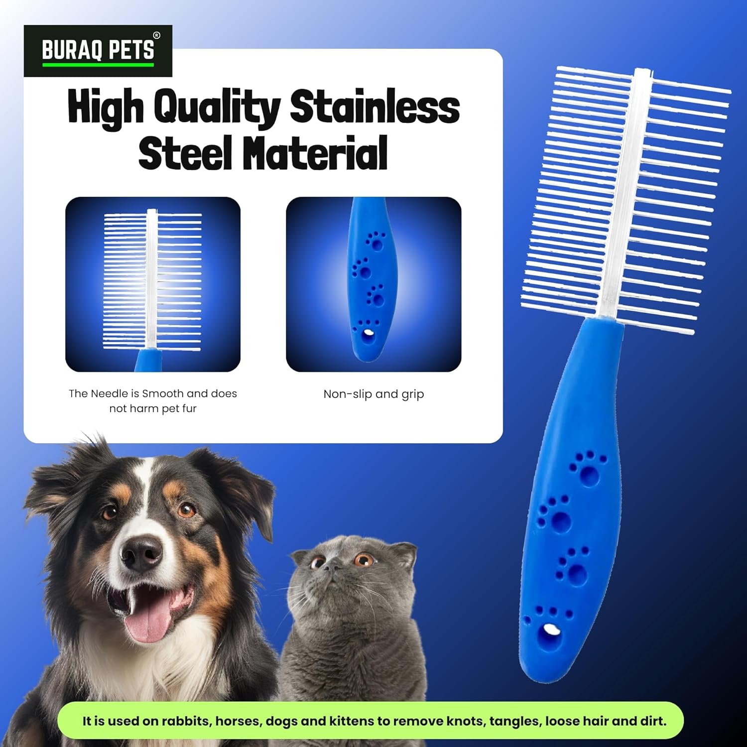 Buraq Pets Double Side Stainless Steel Needles Pets Comb, Hairbrush Grooming for Dogs Cat Cleaning Supplies Cat Comb Or Dog Comb (Dual Side Comb) - BURAQ PETS