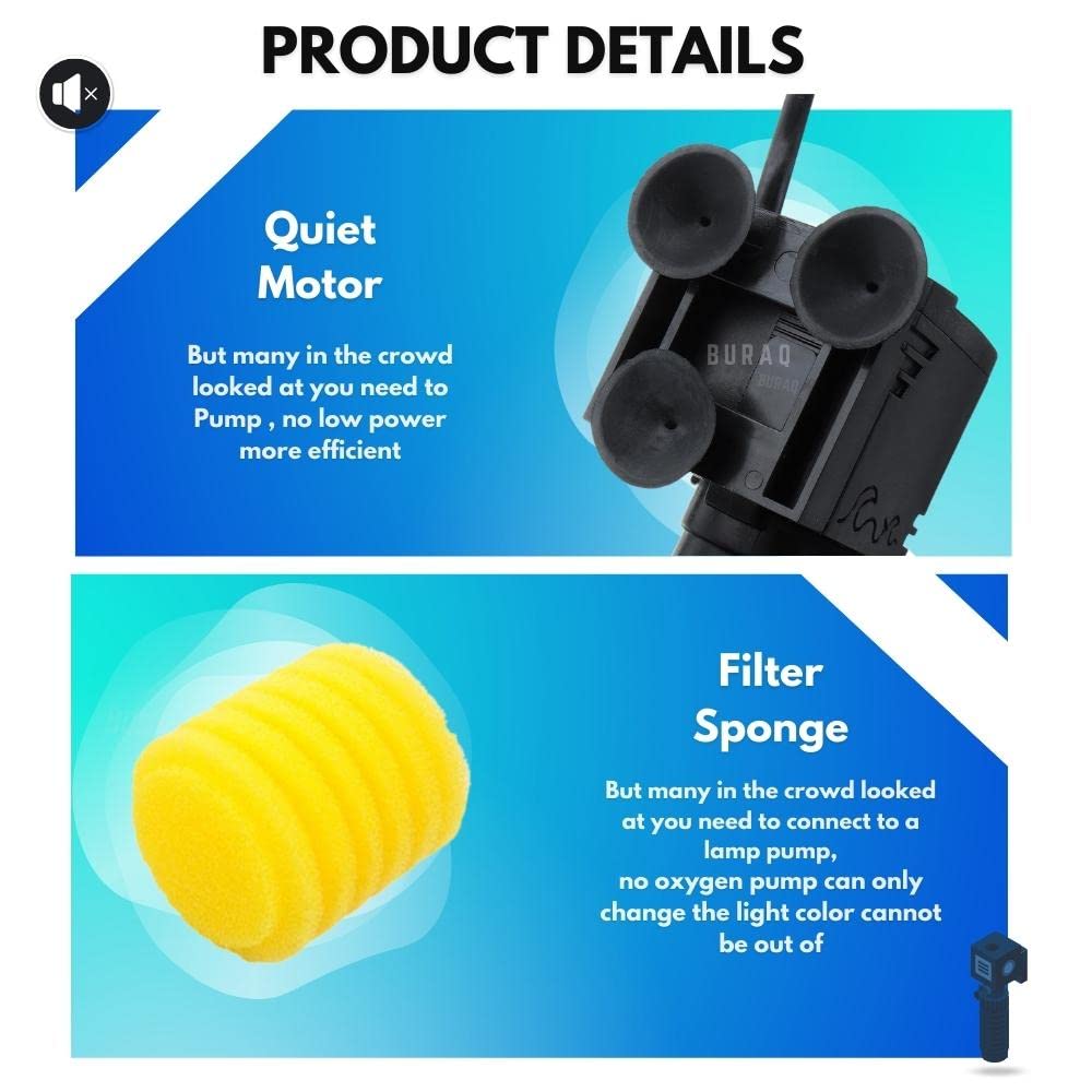 Buraq Pets Transparent Long Internal Liquid Aquarium Filter, For Filteration, Equipped With Fan Based Cleaning System, Submersible Oxygen Pump With Filter Sponge Aquarium Filters For Fish tank - BURAQ PETS