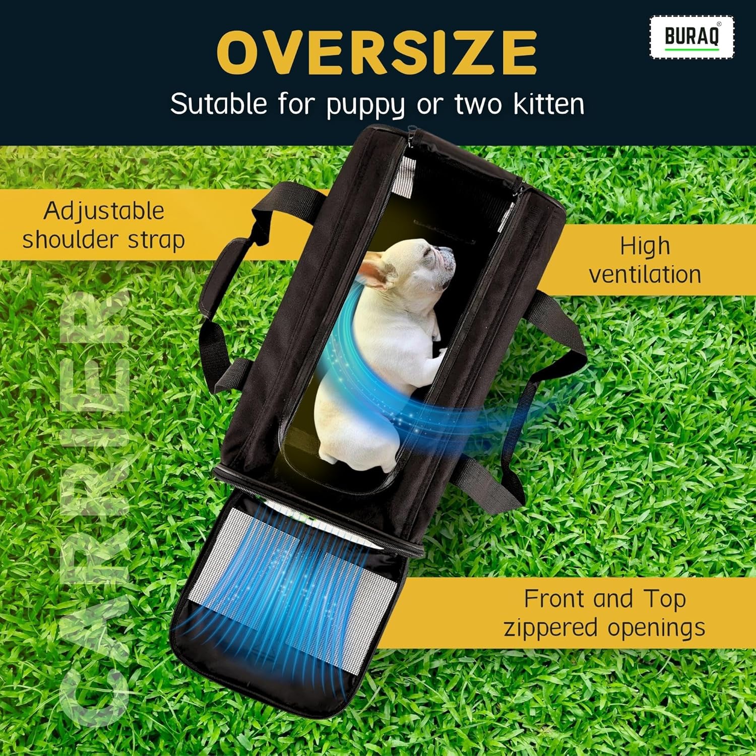 Buraq Soft - Sided Mesh Pet Carrier Bag - for Travel, Hiking, Designed with Breathable Space, Ventilated, Airline - Approved, Sturdy Pad for Puppies & Cats (Black, Soft - Sided Carrier) - BURAQ PETS