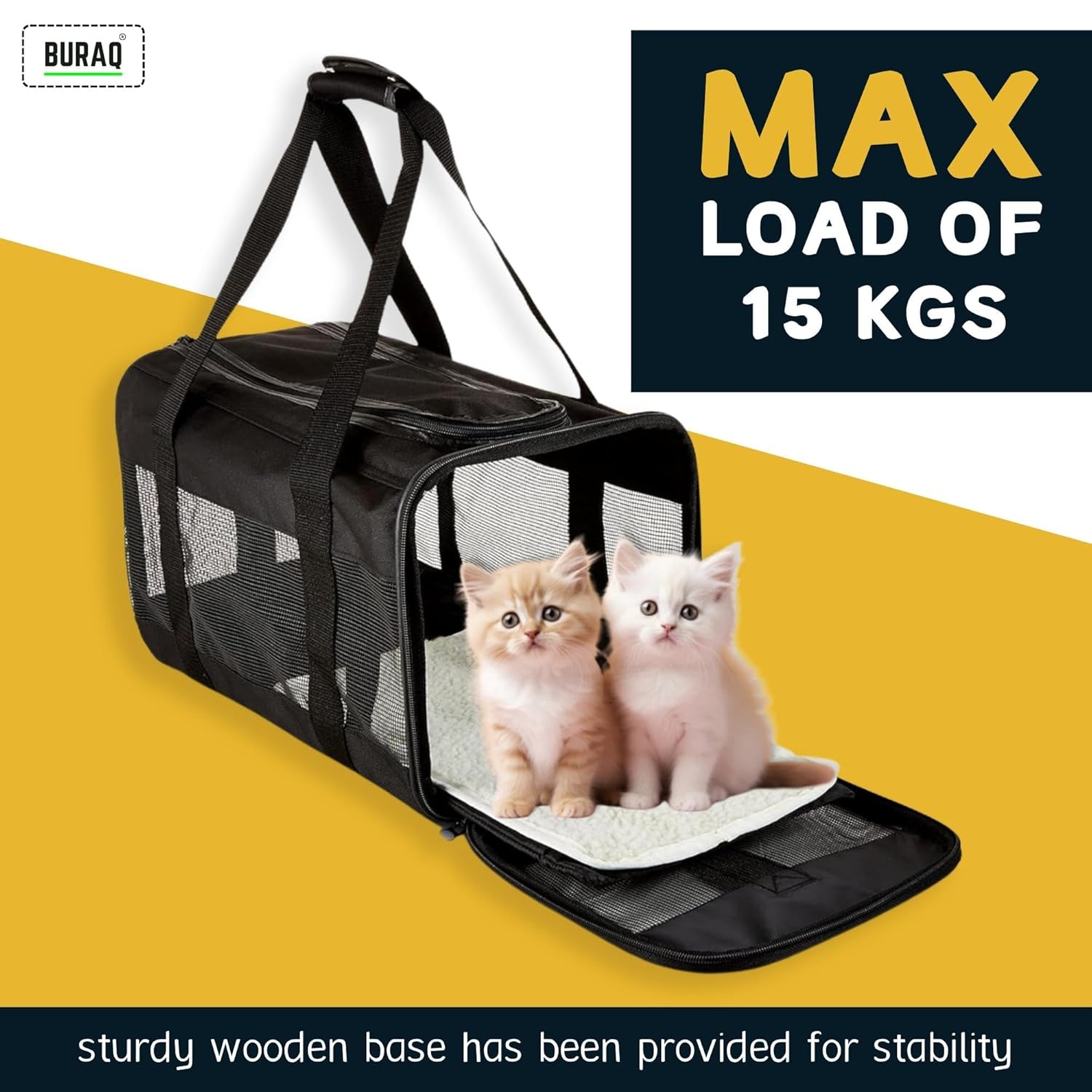 Buraq Soft - Sided Mesh Pet Carrier Bag - for Travel, Hiking, Designed with Breathable Space, Ventilated, Airline - Approved, Sturdy Pad for Puppies & Cats (Black, Soft - Sided Carrier) - BURAQ PETS