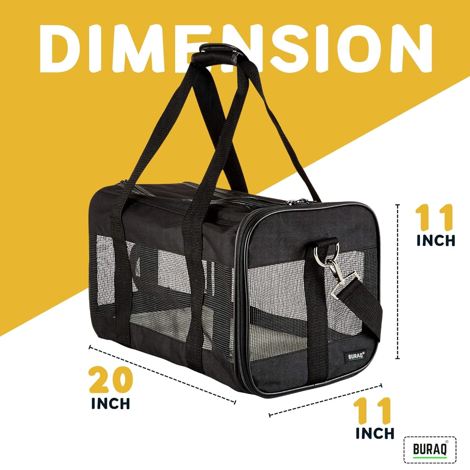 Buraq Soft - Sided Mesh Pet Carrier Bag - for Travel, Hiking, Designed with Breathable Space, Ventilated, Airline - Approved, Sturdy Pad for Puppies & Cats (Black, Soft - Sided Carrier) - BURAQ PETS