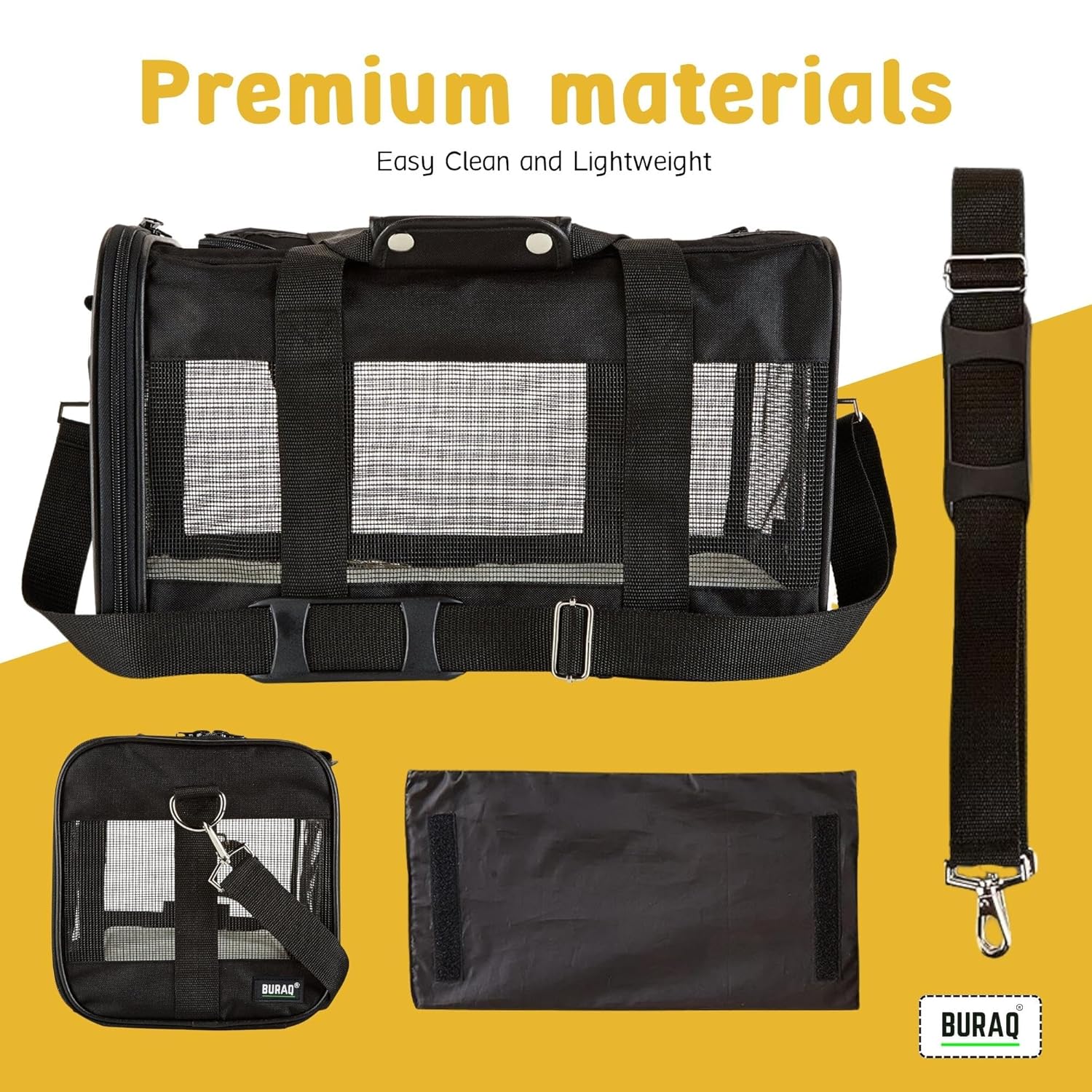 Buraq Soft - Sided Mesh Pet Carrier Bag - for Travel, Hiking, Designed with Breathable Space, Ventilated, Airline - Approved, Sturdy Pad for Puppies & Cats (Black, Soft - Sided Carrier) - BURAQ PETS
